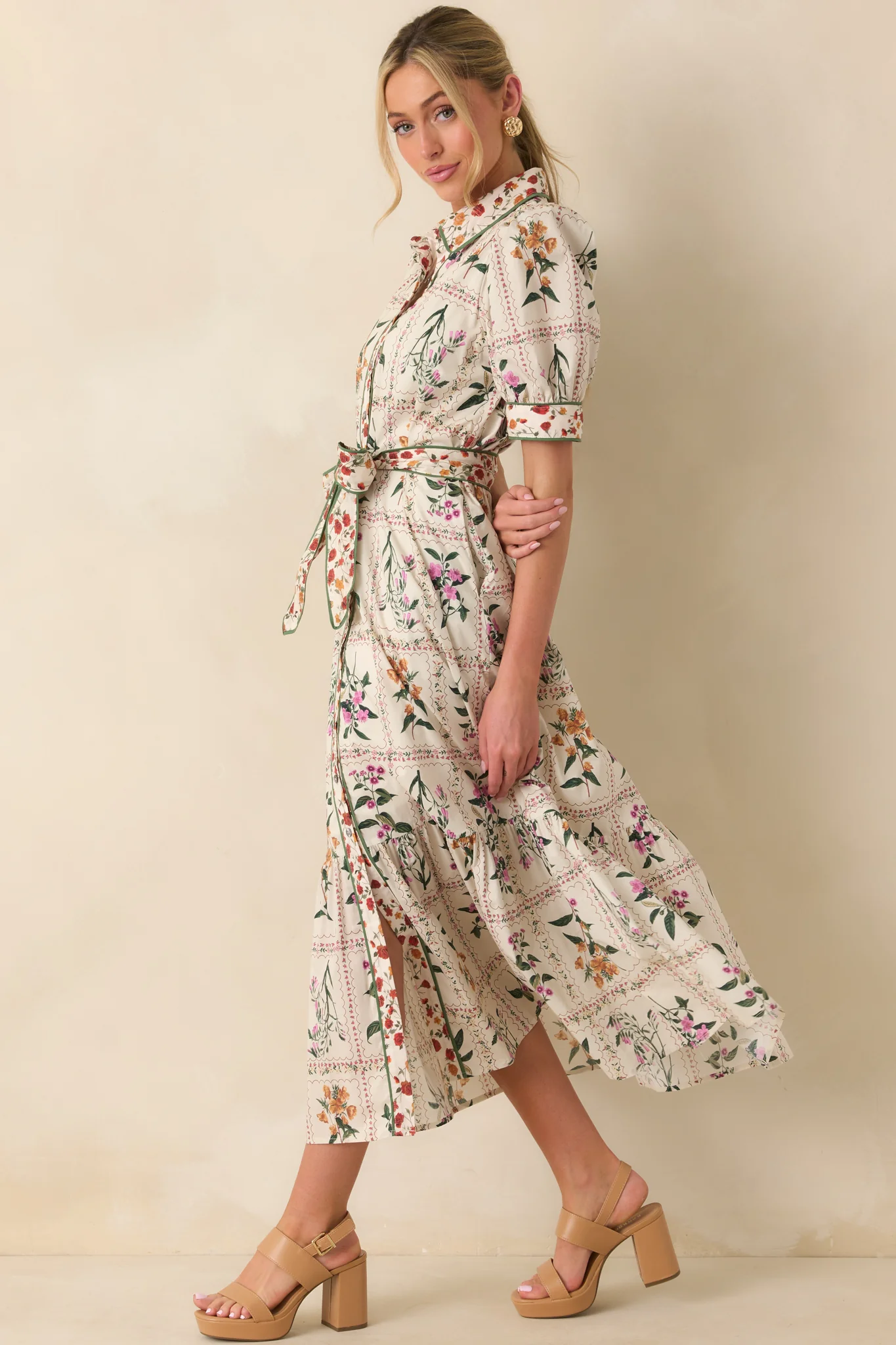 Look No Further Ivory Multi Floral Print Cotton Maxi Shirt Dress
