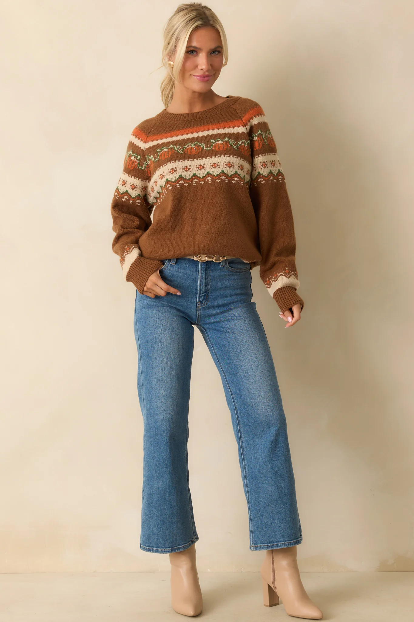 Brown Pumpkin Fair Isle Knit Sweater