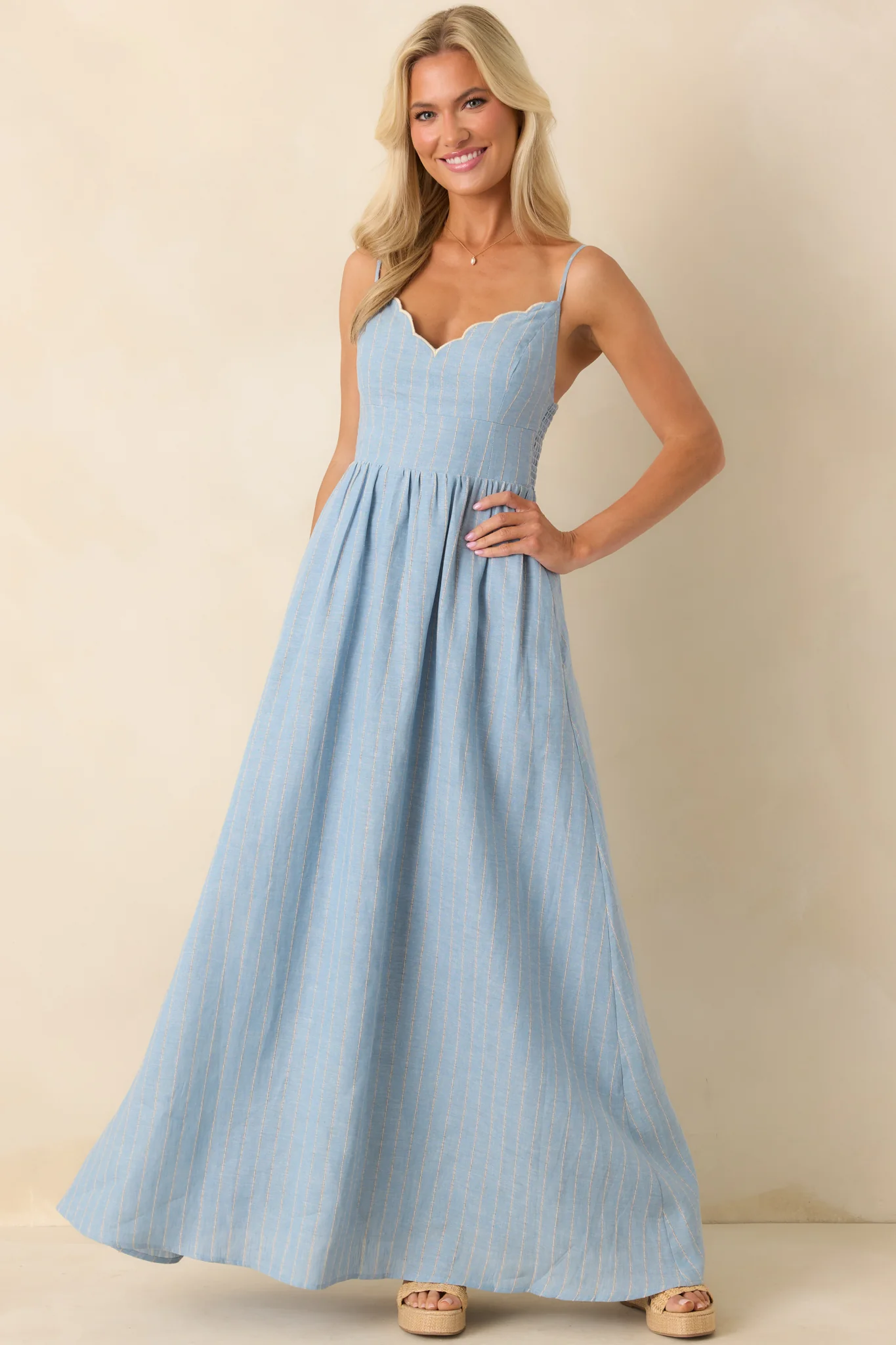 Aylaya Light Blue Stripe Linen Singapore Maxi Dress