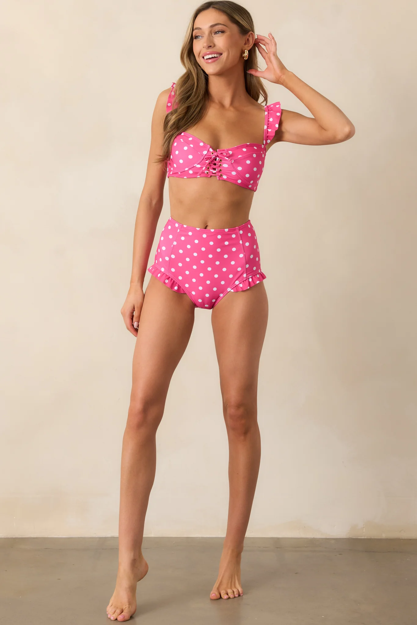 Under The Sun Pink Polka Dot High-Waisted Ruffle Trim Bikini Bottoms