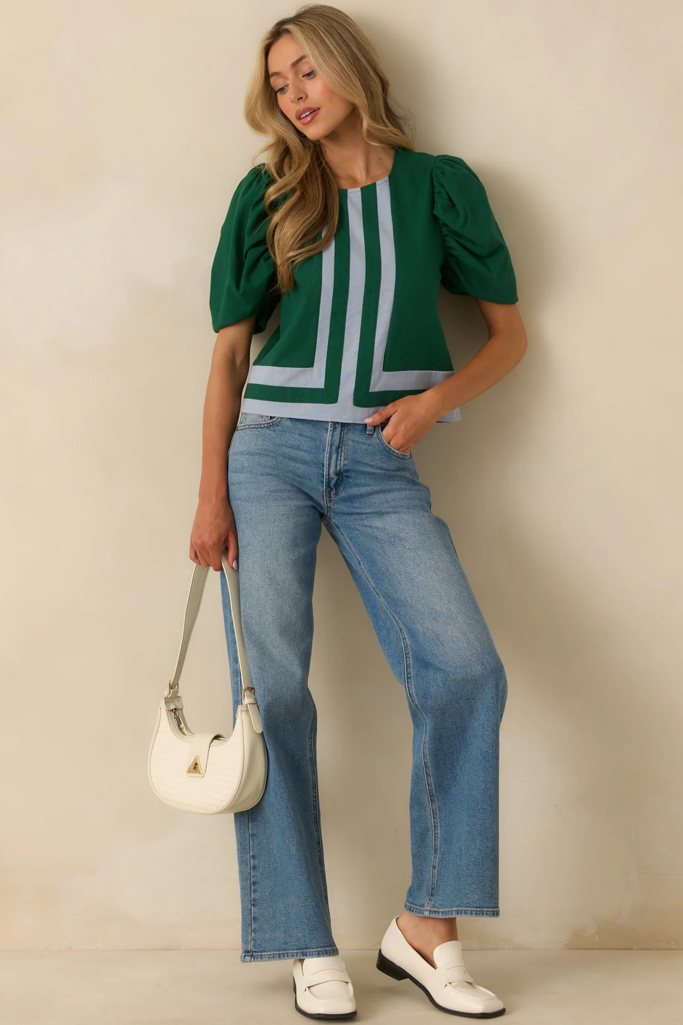 It Was What It Was Green Contrast Trim Puff Sleeve Top