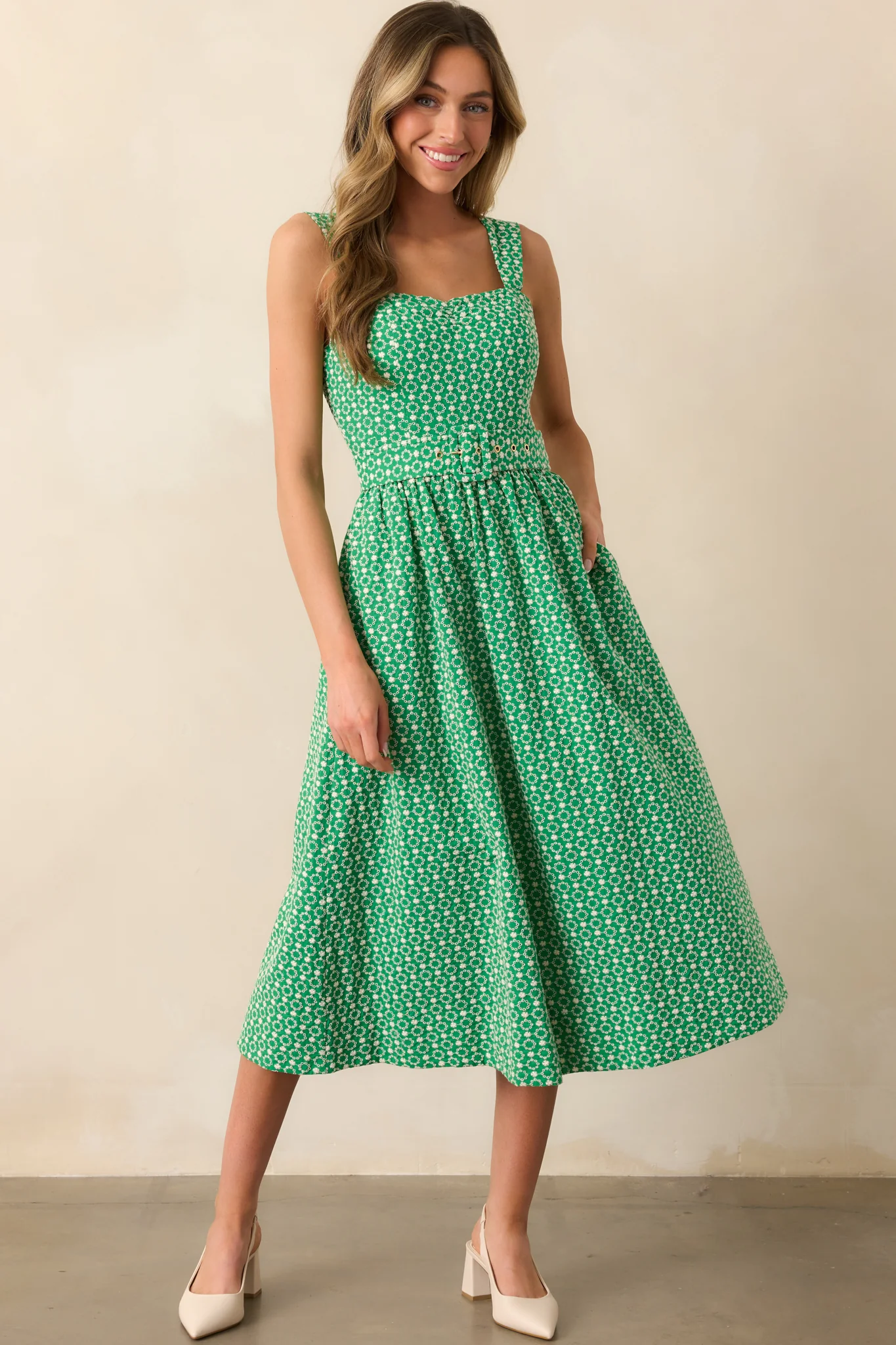 Cameron Meadow Green Cotton Belted Midi Dress