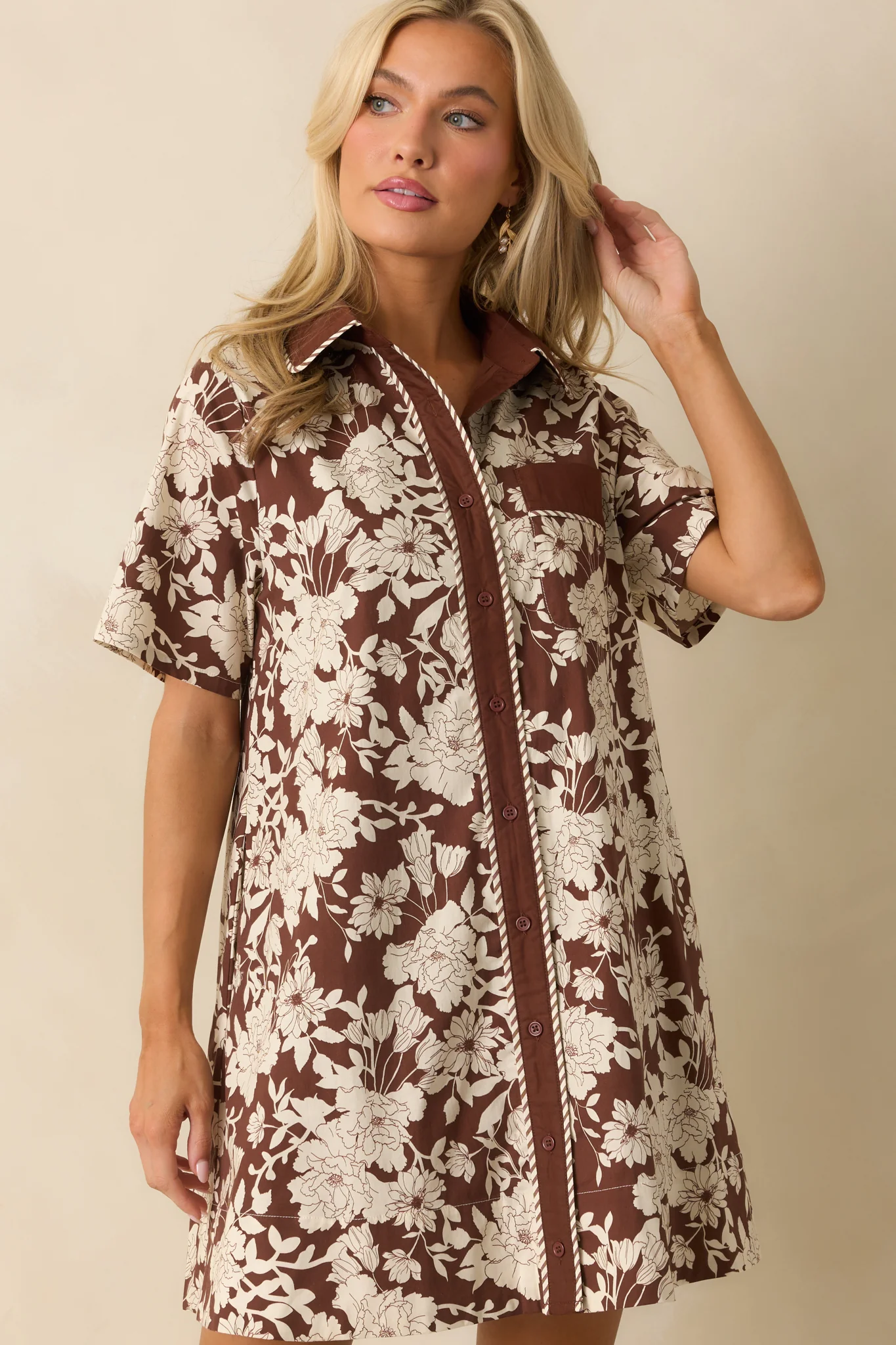Right Where I Belong Brown Multi Floral Print Mini Shirt Dress