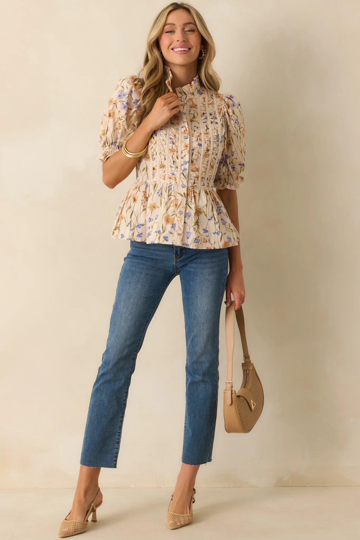 You Know Her Beige Multi Floral Print Cotton Peplum Top