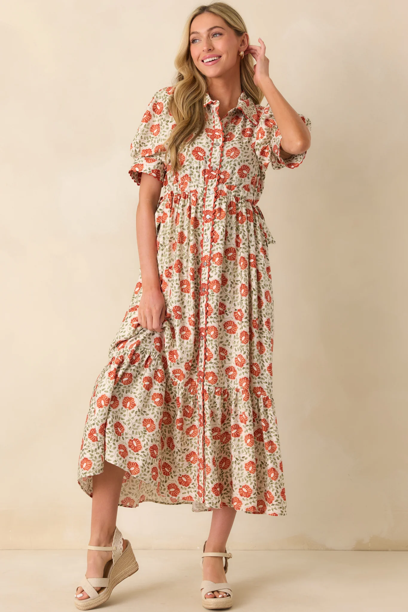 Today Is The Day Burnt Orange Multi Floral Print Maxi Shirt Dress