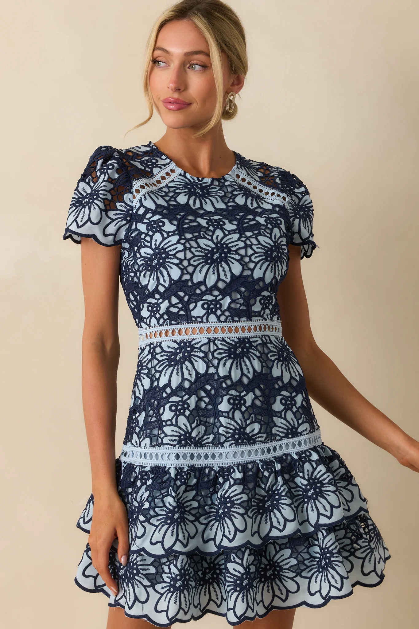 Can’t Miss This Blue Multi Floral Embroidered Lace Mini Dress