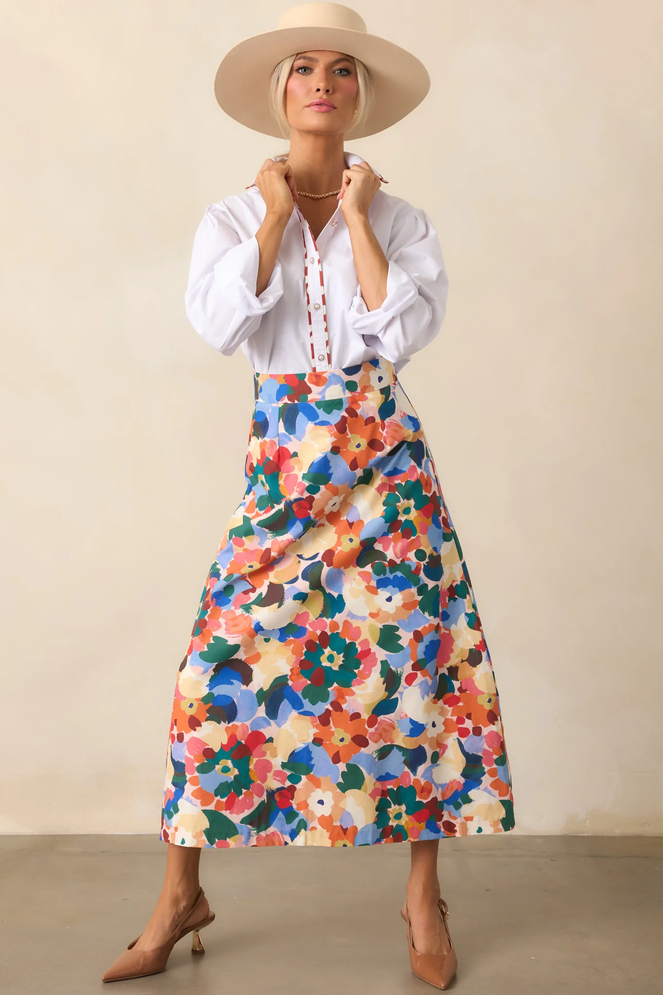Orange Multi Floral Print Cotton Midi Skirt