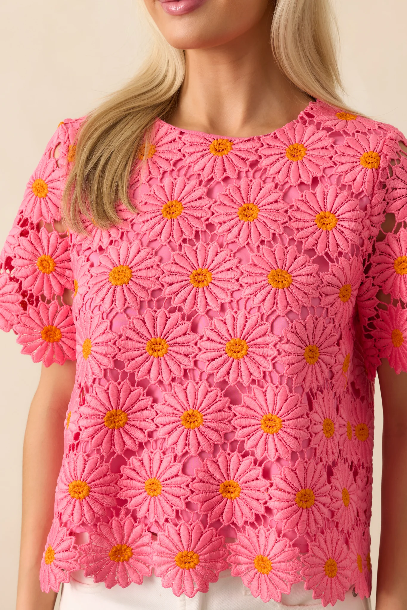 Reading My Mind Hot Pink Floral Embroidered Lace Bow Back Top