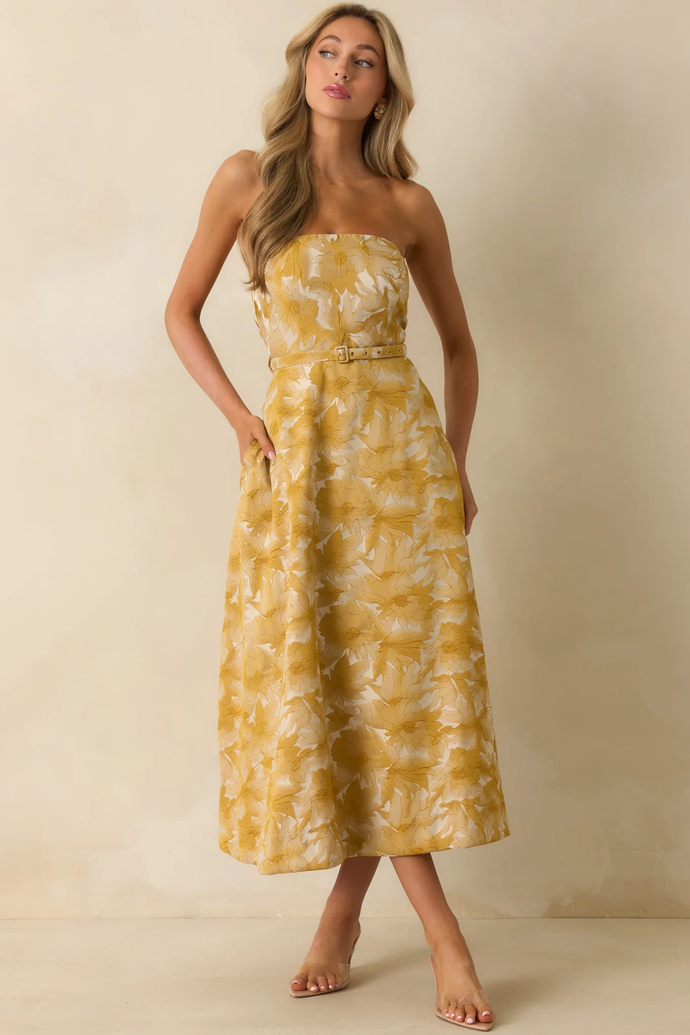 Perfectly Placed Yellow Gold Floral Jacquard Strapless Midi Dress
