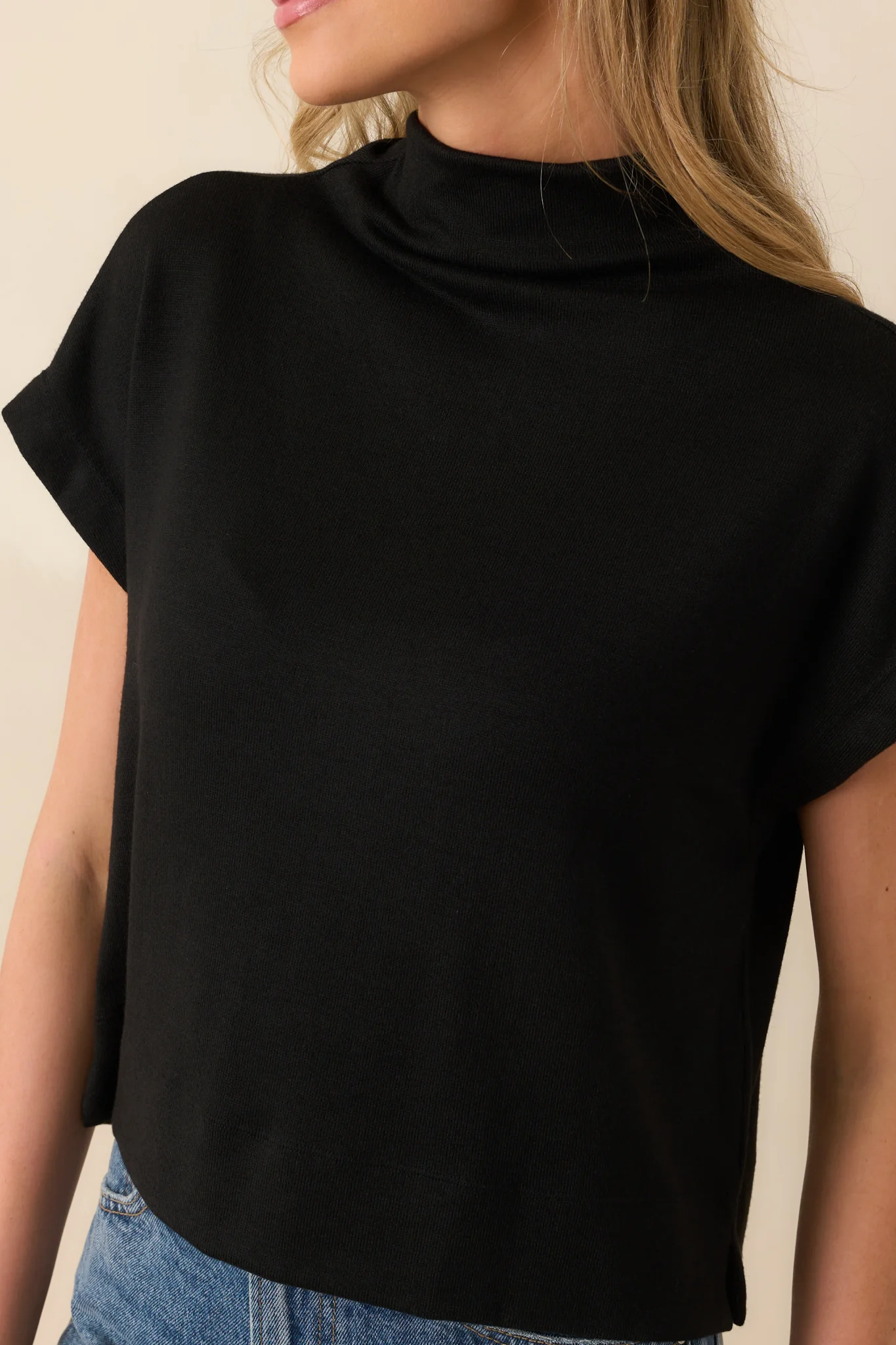 Plans Are Made Black Relaxed Mock Neck Cap Sleeve Top