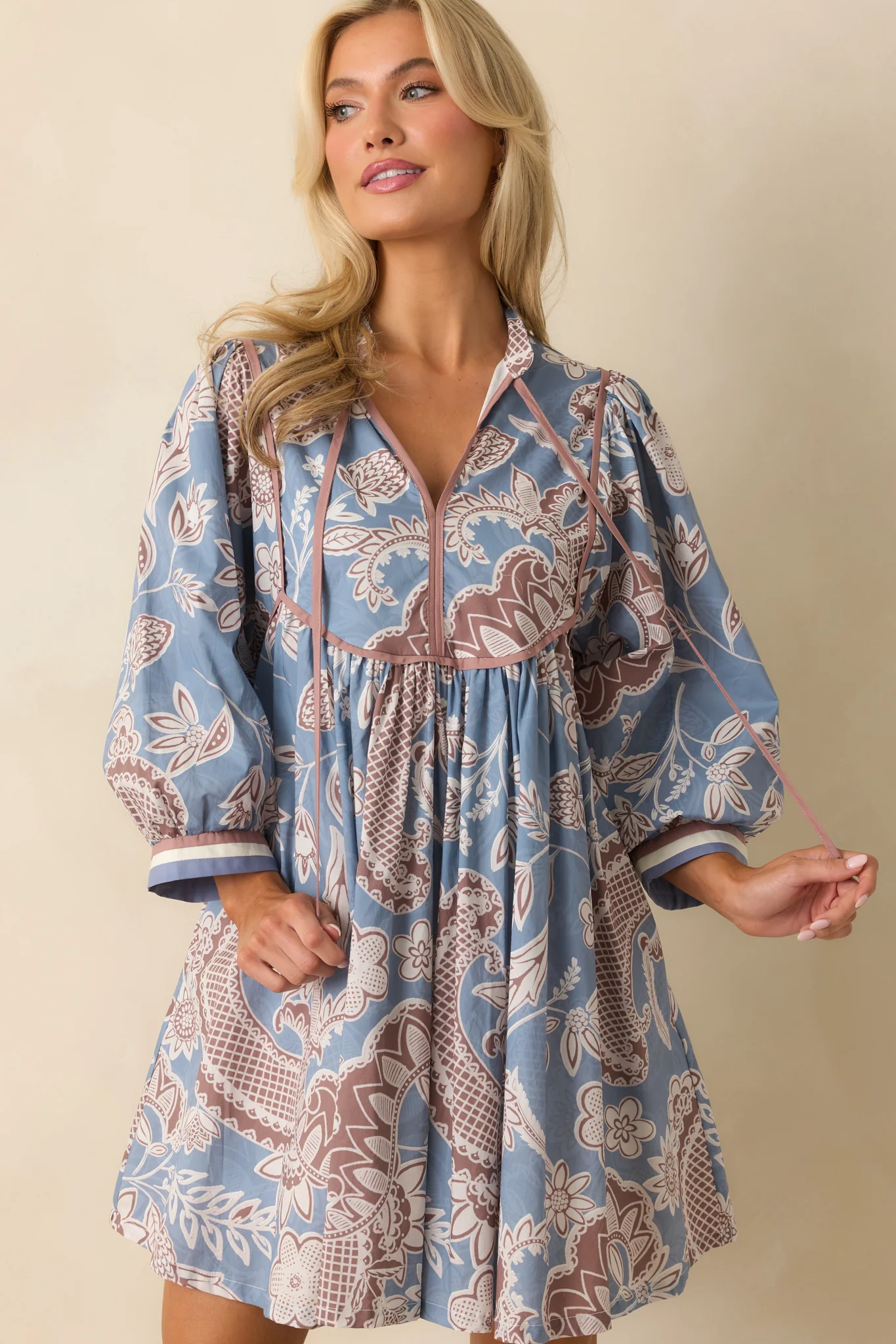 Crisp Morning Air Ash Blue Floral Cotton Quarter Sleeve Mini Dress