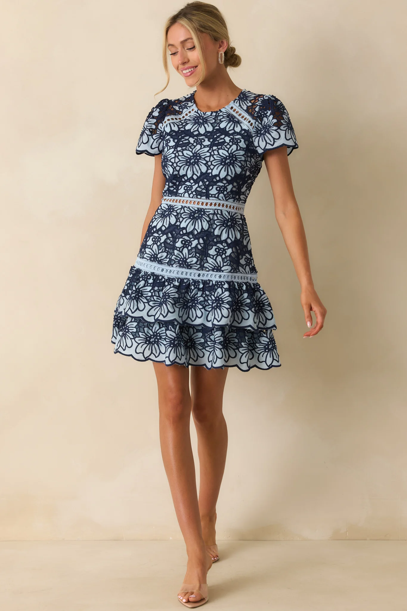Can’t Miss This Blue Multi Floral Embroidered Lace Mini Dress