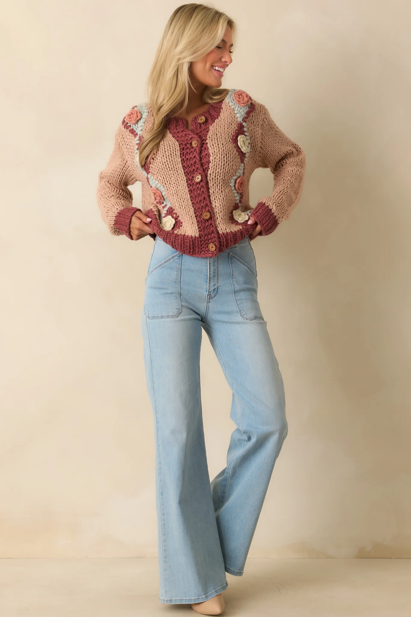 Dusty Rose Pink Floral Knit Cardigan