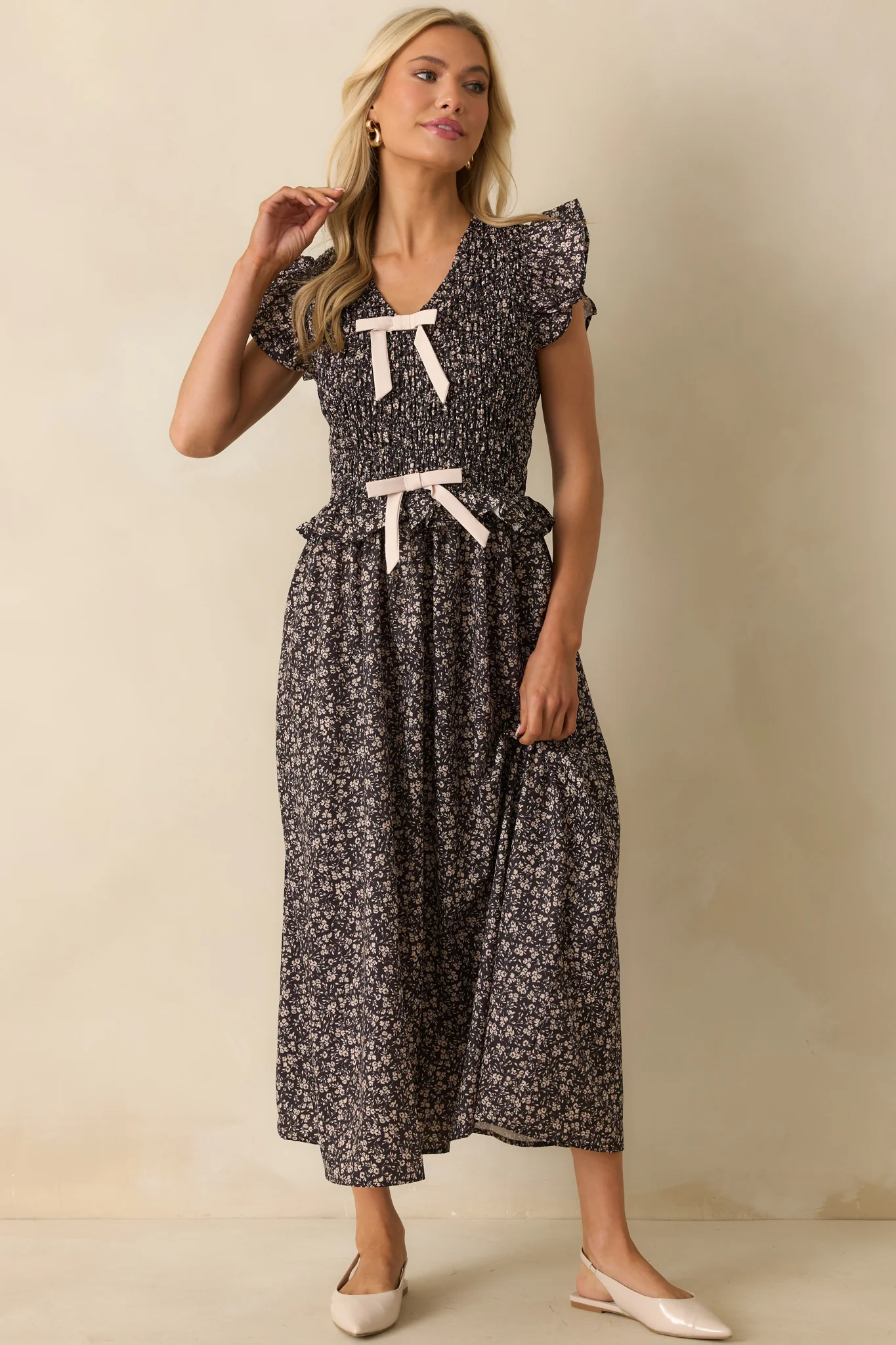 All Signs Point Here Black Floral Print Flutter Sleeve Maxi Dress