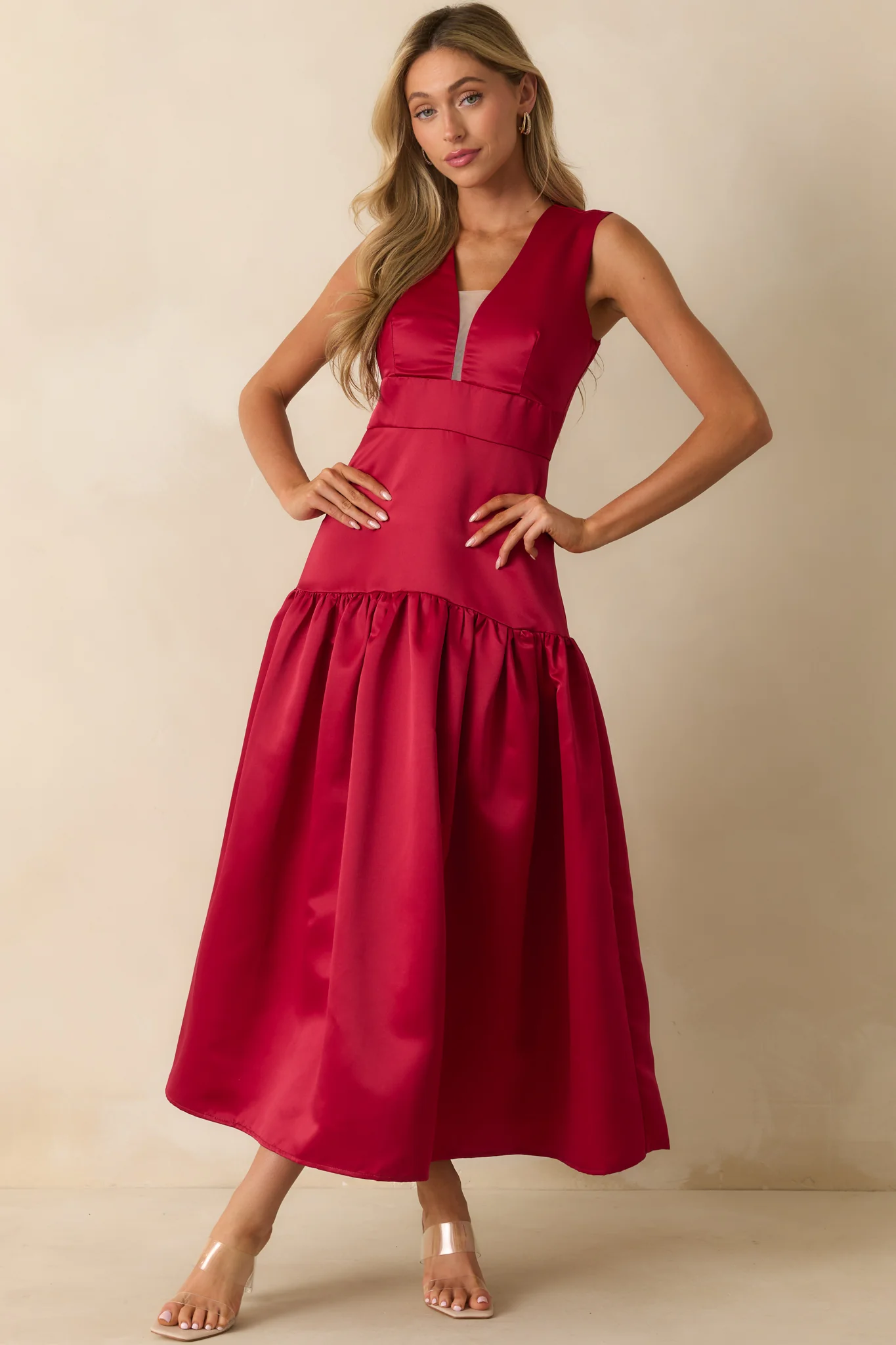 Never Out Of Reach Red Satin Sleeveless Drop Waist Maxi Dress