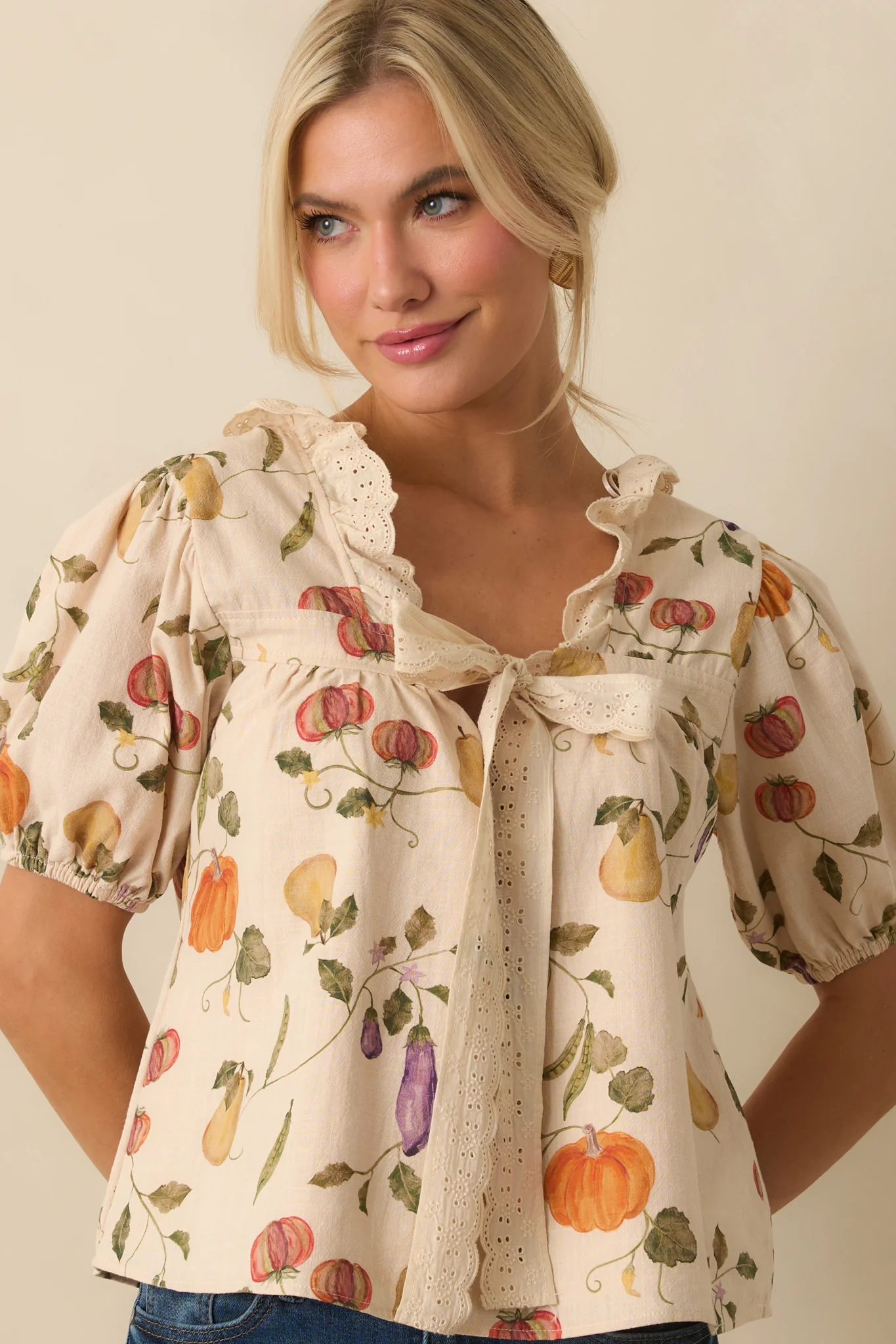 I Meant It Ivory Multi Vegetable Print Cotton Puff Sleeve Top