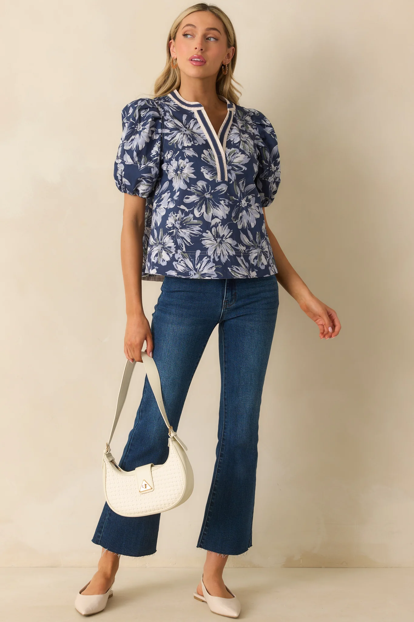 A Good Sign Navy Floral Print Cotton Puff Sleeve Top