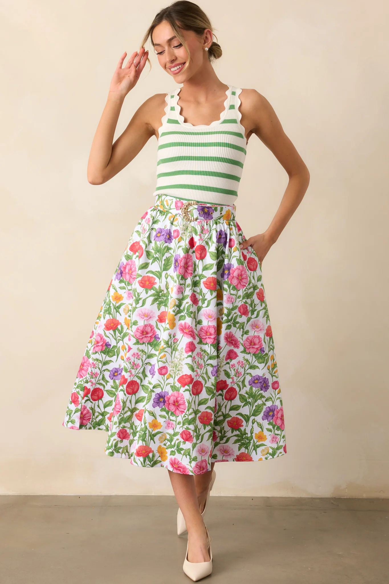 Thena Secret Garden Floral Cotton Belted Midi Skirt