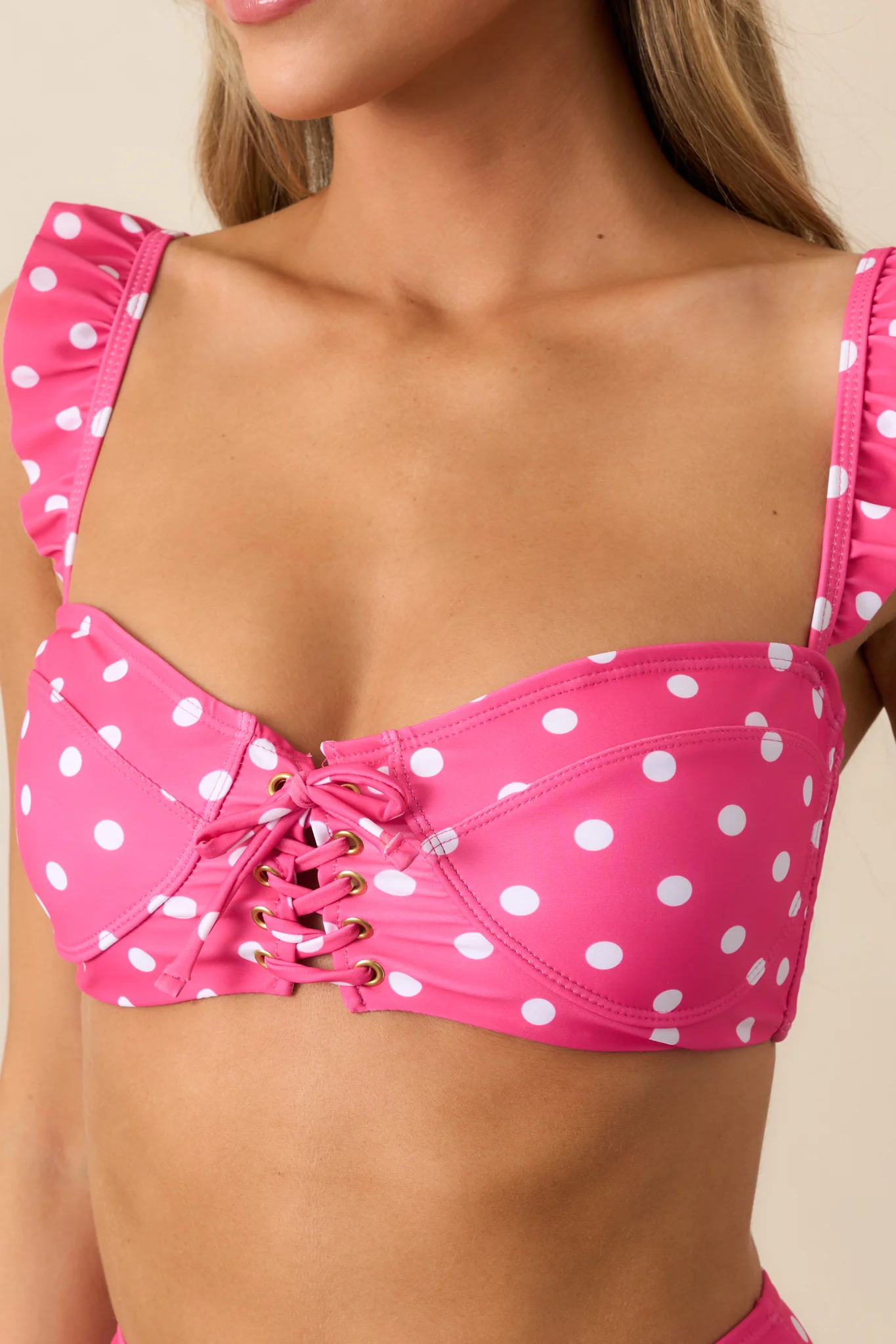 Time To Relax Pink Polka Dot Ruffle Lace-Up Bikini Top