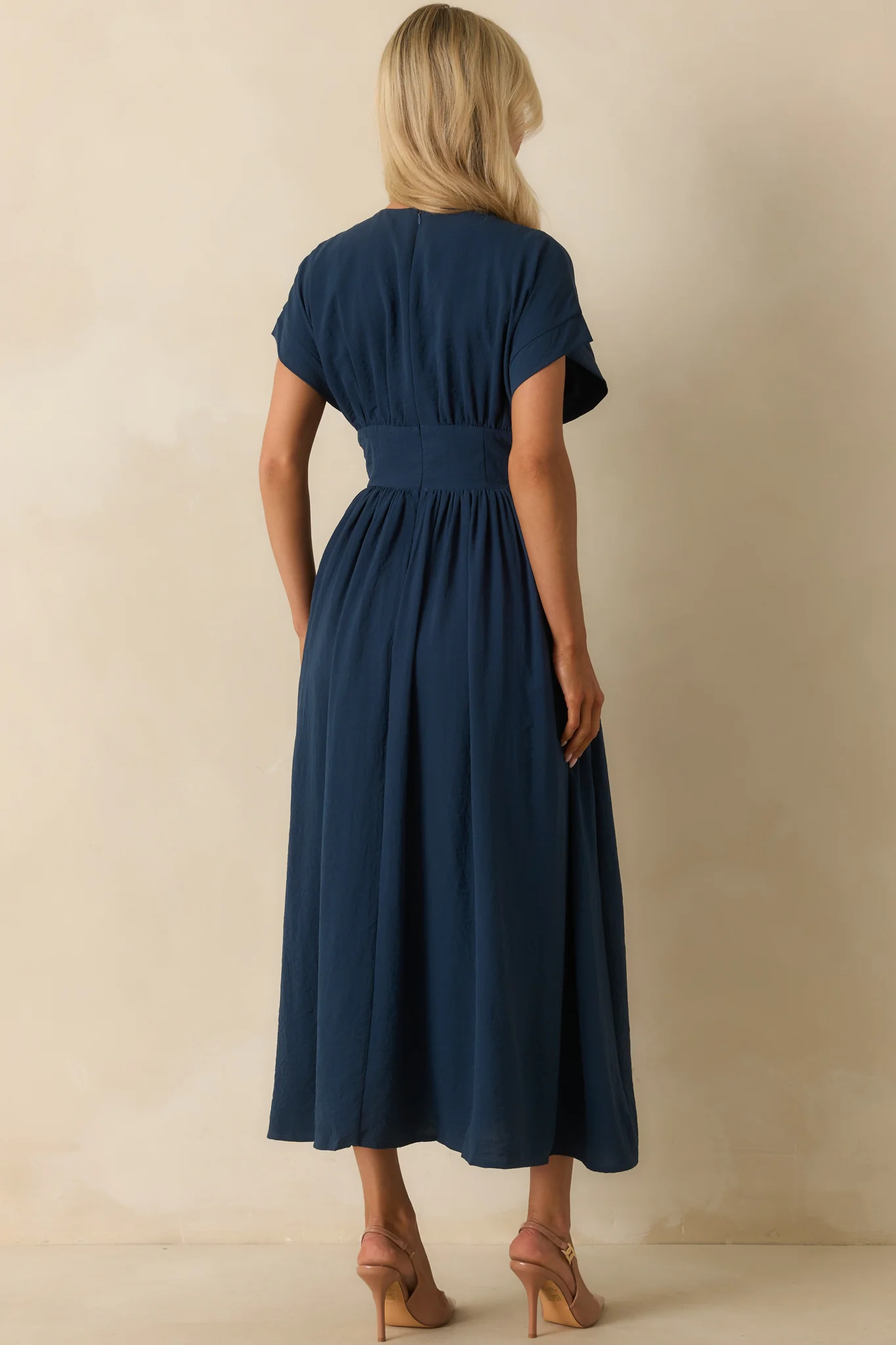 As Promised Navy Short Sleeve Cinched Waist Maxi Dress