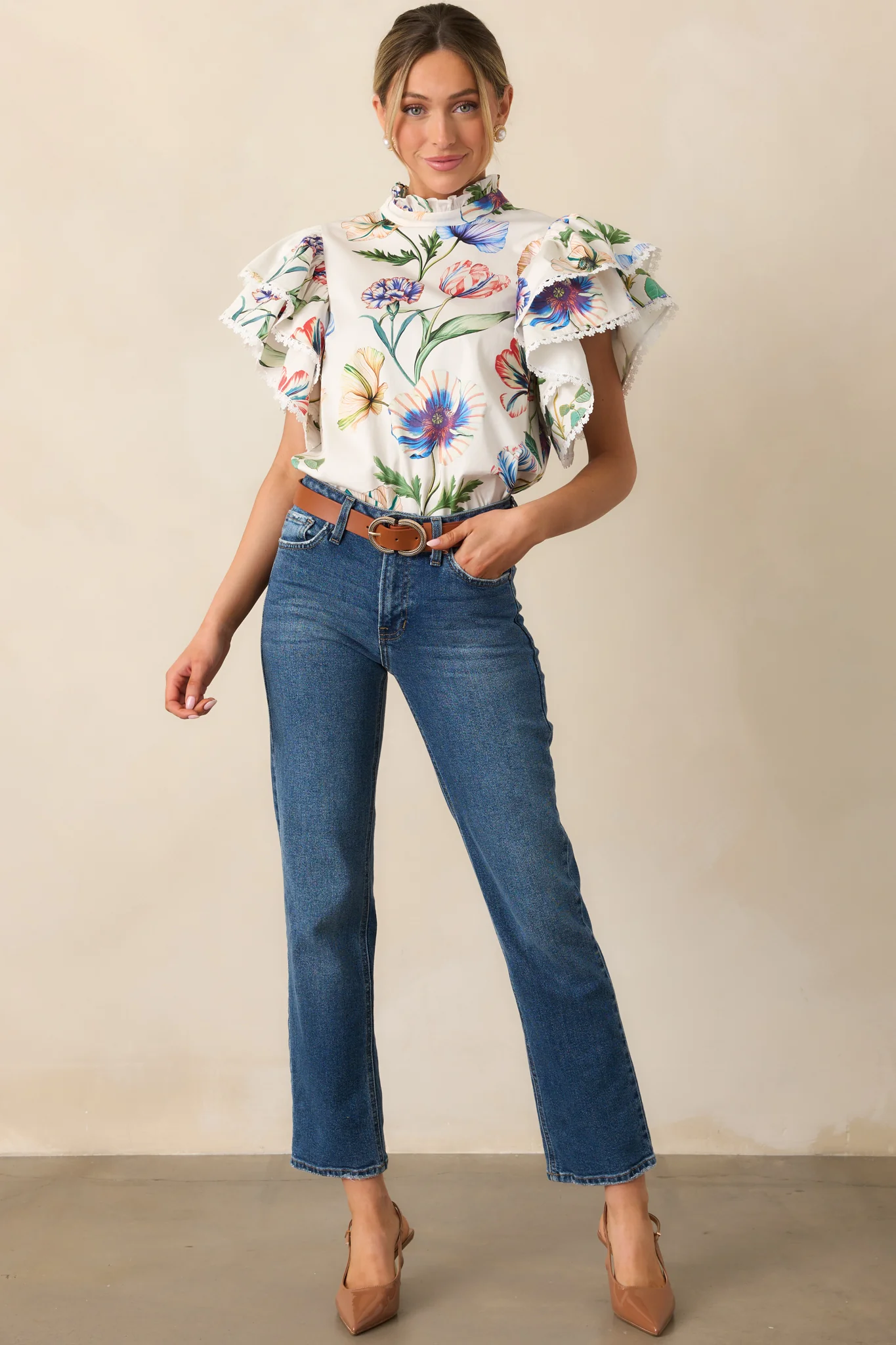 Prosperina Blair Ivory Multi Floral Print Cotton Ruffle Top