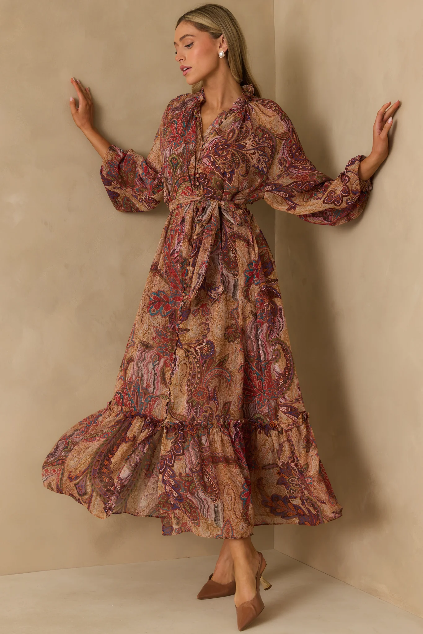 Point Taken Burgundy Multi Paisley Print Chiffon Maxi Dress