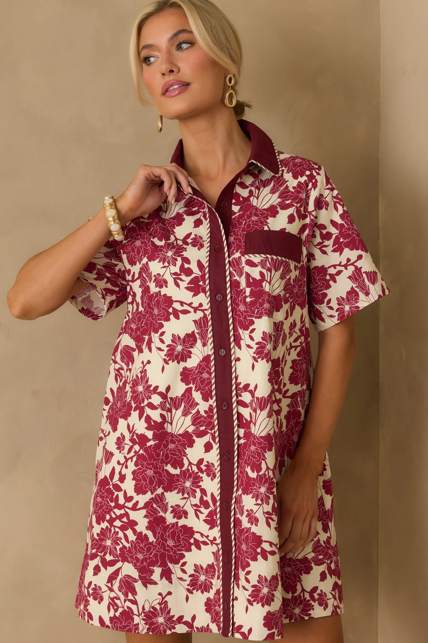 Right Where I Belong Burgundy Multi Floral Print Mini Shirt Dress