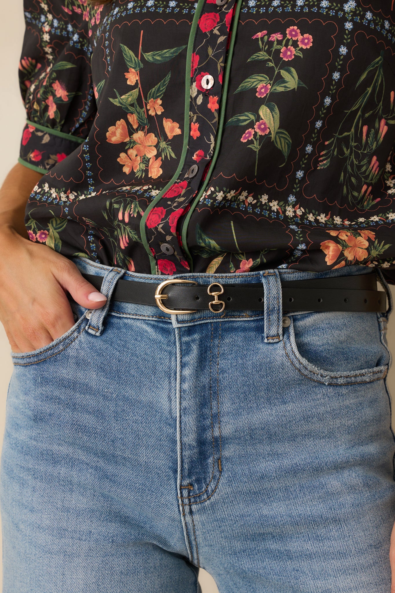 Here All Along Black Faux Leather Horseshoe Buckle Belt