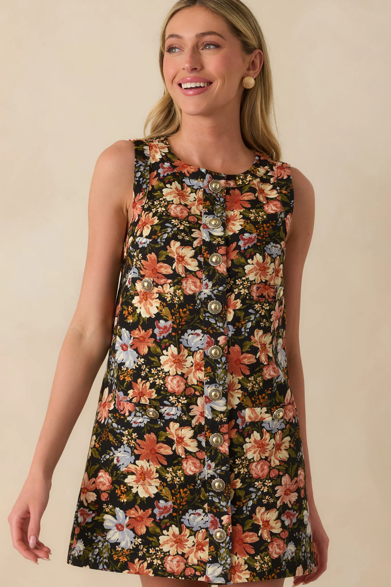 All This Time Light Rust Multi Floral Print Cotton Mini Shift Dress