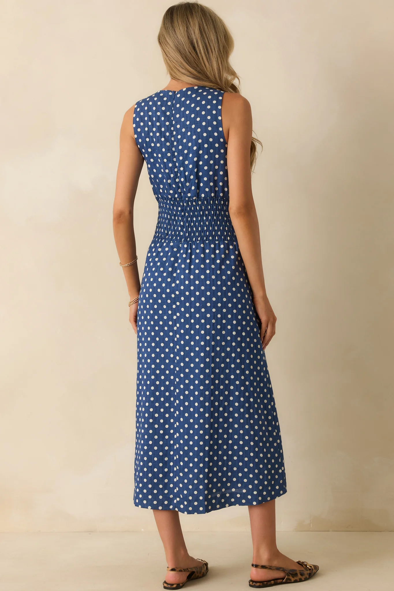 Nothing But Chic Blue Polka Dot Cotton Sleeveless Midi Dress