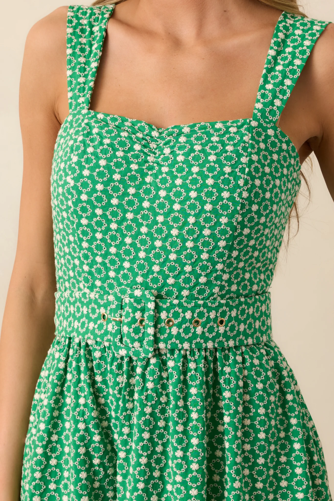 Cameron Meadow Green Cotton Belted Midi Dress