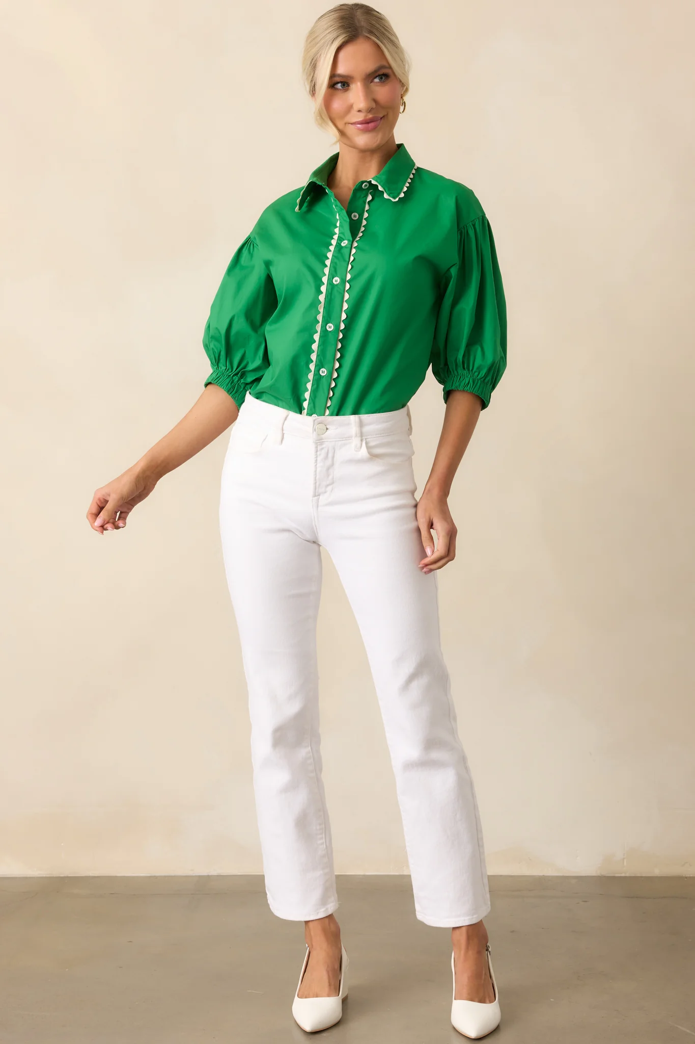 A Twist On Classic Green Cotton Button Front Top