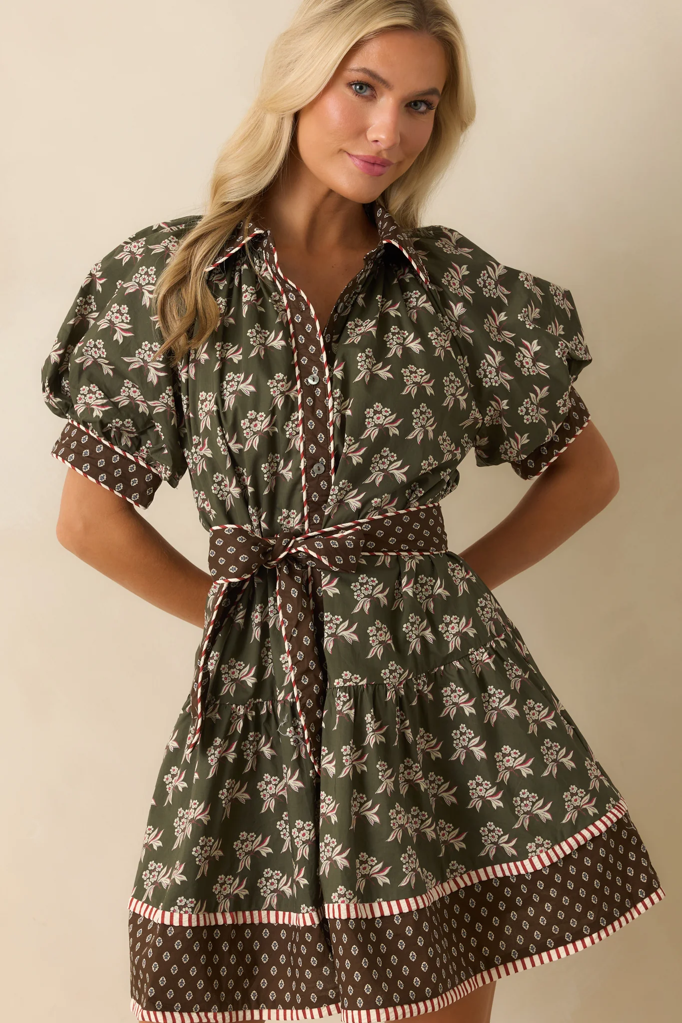 Nothing Forgotten Olive Green Multi Floral Print Cotton Mini Dress