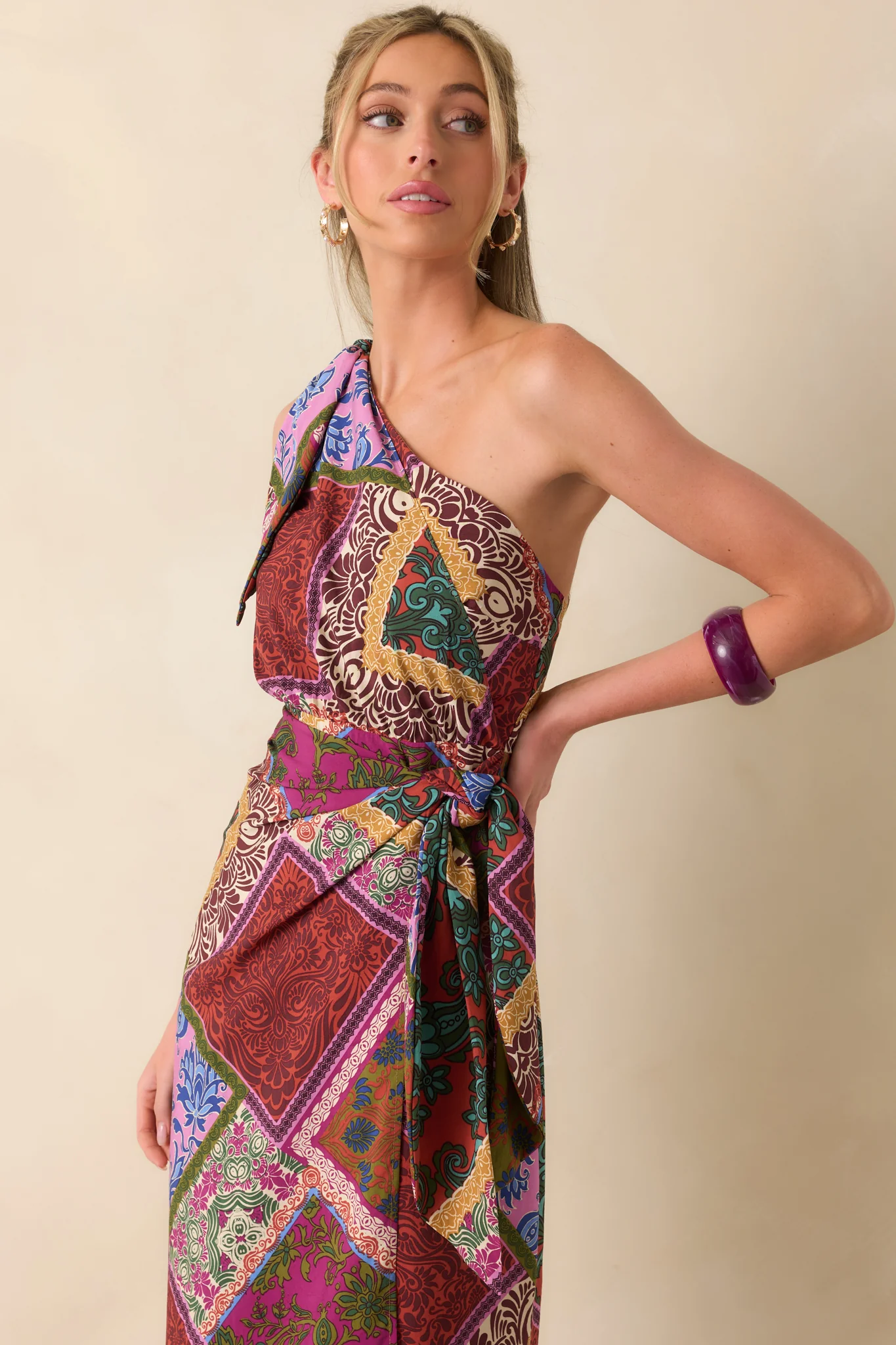 It's All Settled Red Multi Patchwork Print One Shoulder Maxi Dress