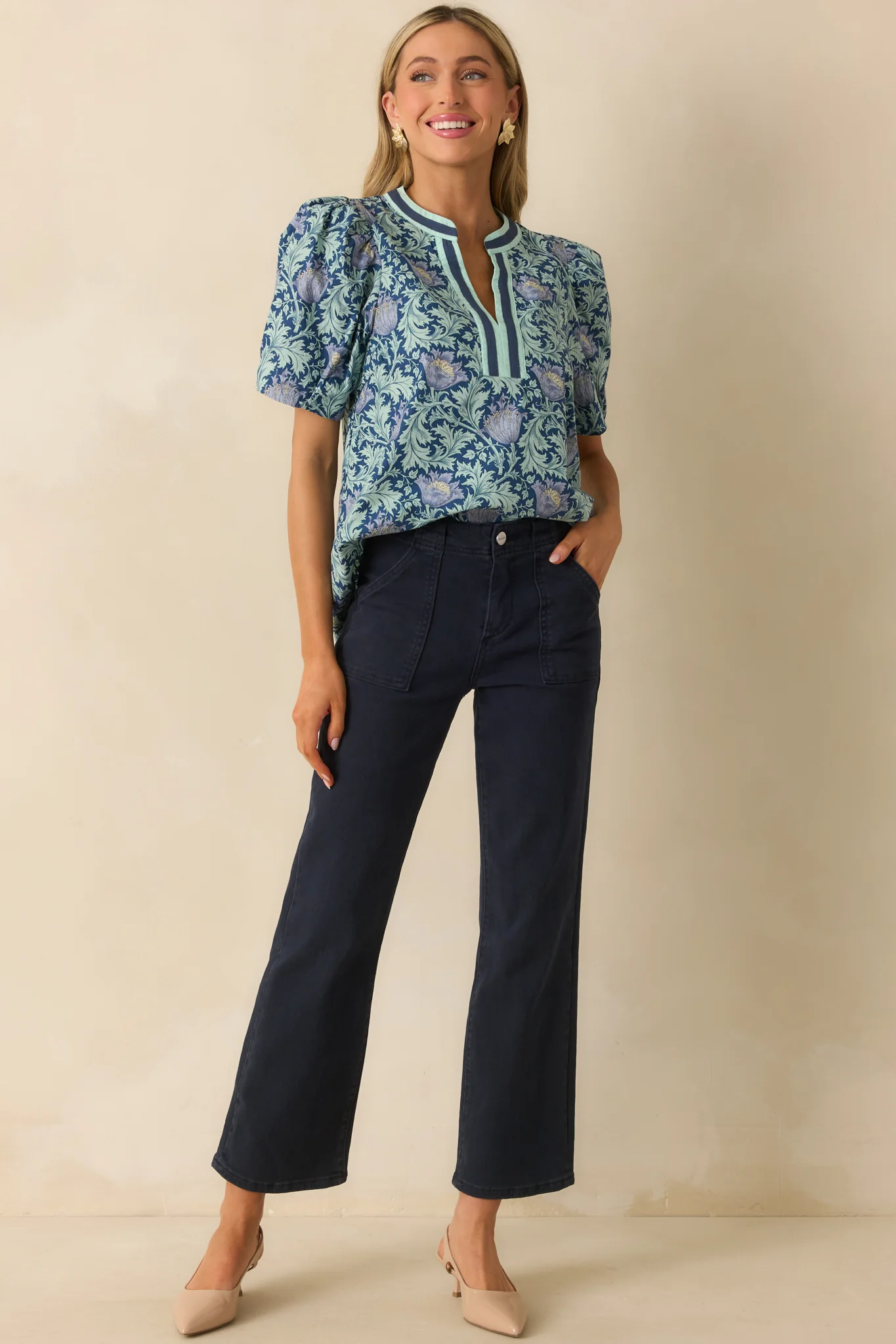 Nothing To Add Navy Multi Floral Print Cotton Puff Sleeve Top