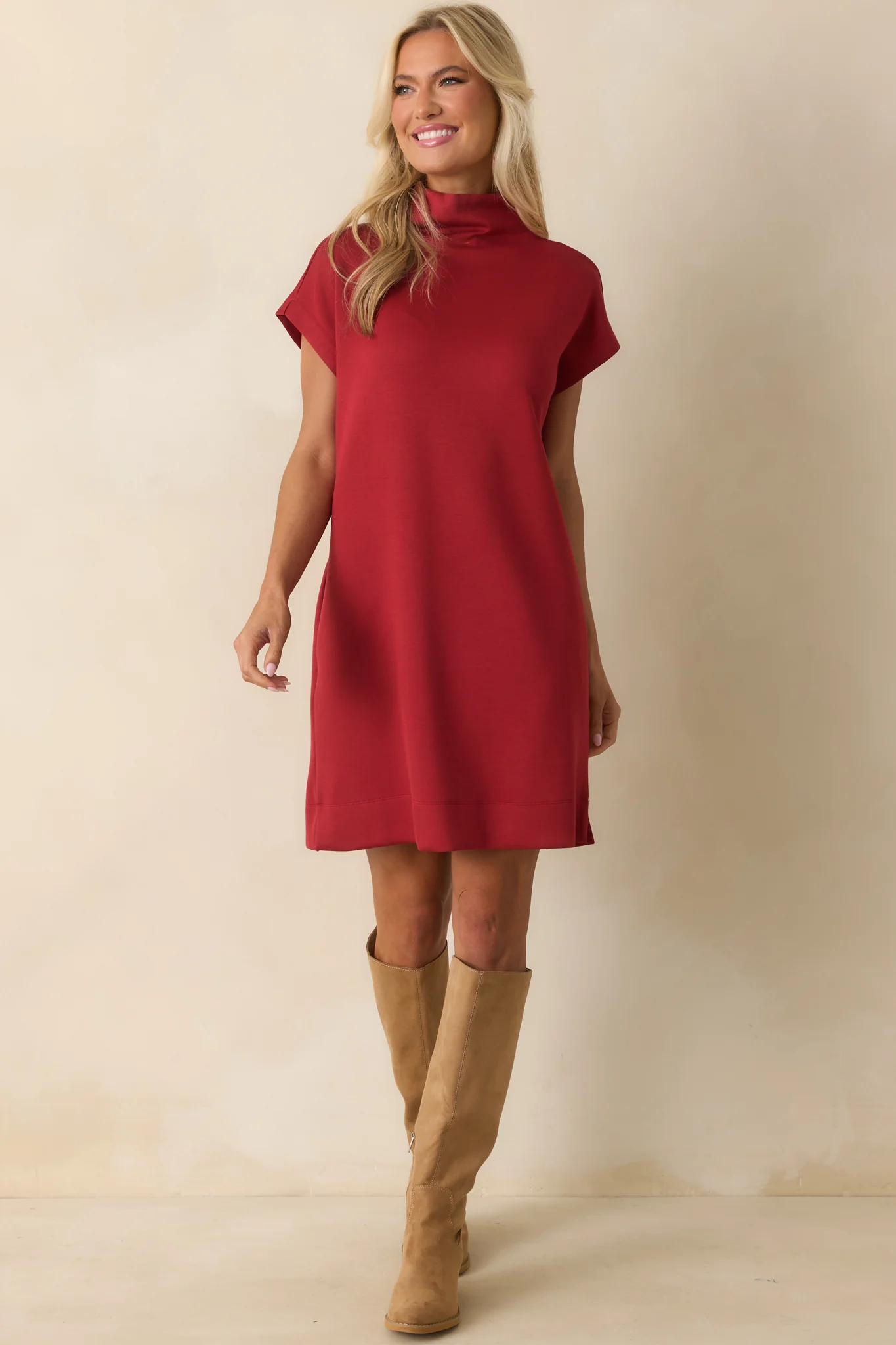 Red Mock Neck Cap Sleeve Mini Dress