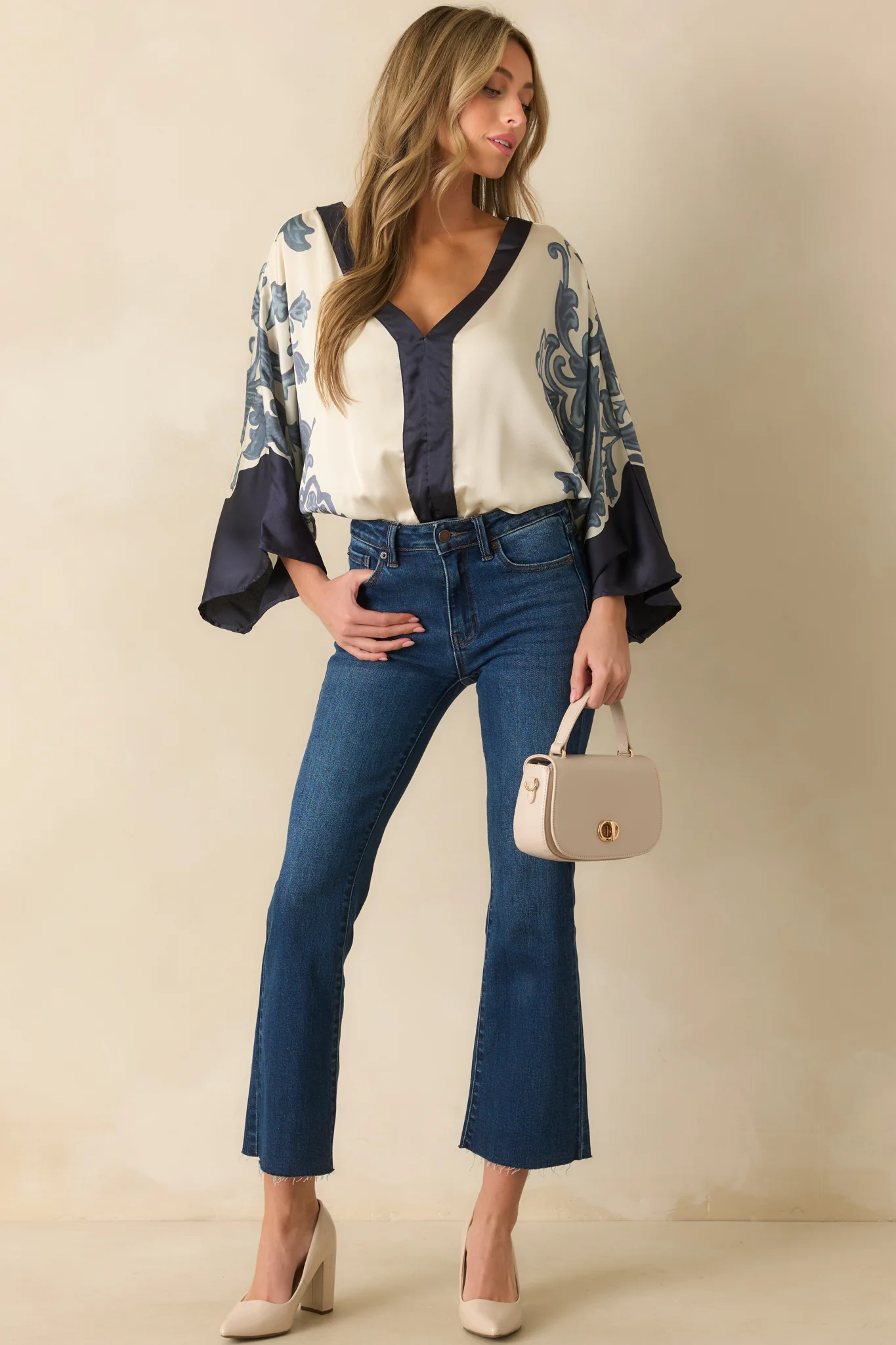 Navy Multi-Print Contrast Trim Kimono Sleeve Bodysuit