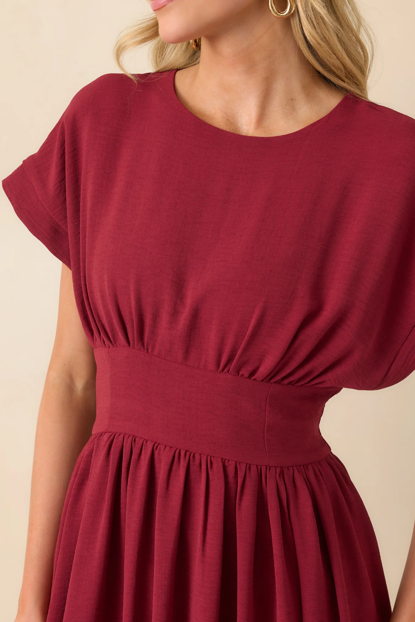 Faded Photographs Burgundy Chiffon Cap Sleeve Maxi Dress