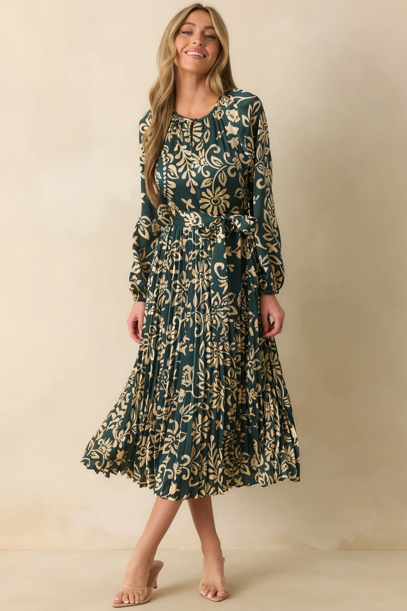 Dark Teal Floral Print Pleated Maxi Dress
