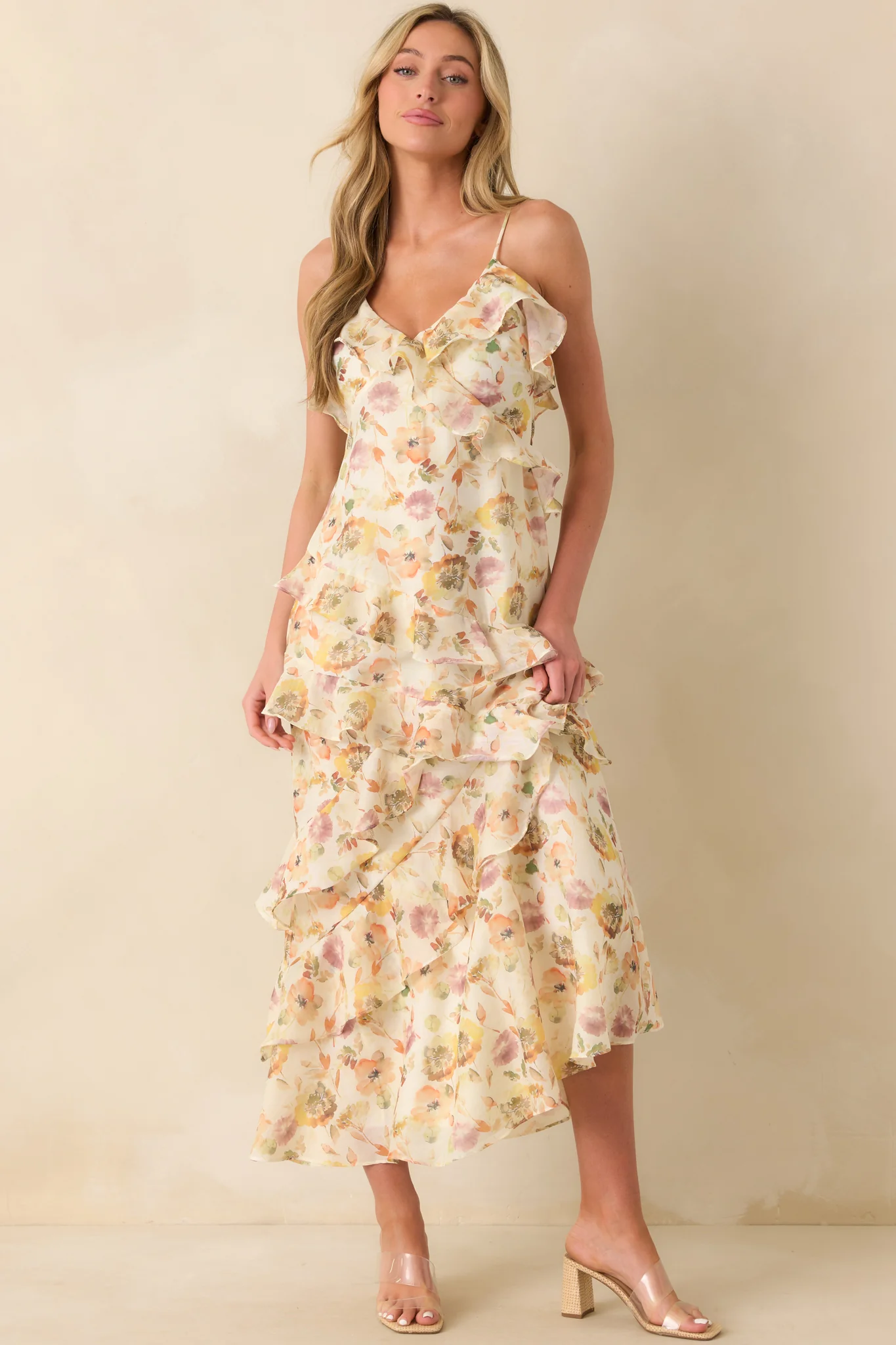 Left Me Speechless Ivory Multi Floral Print Ruffle Maxi Dress