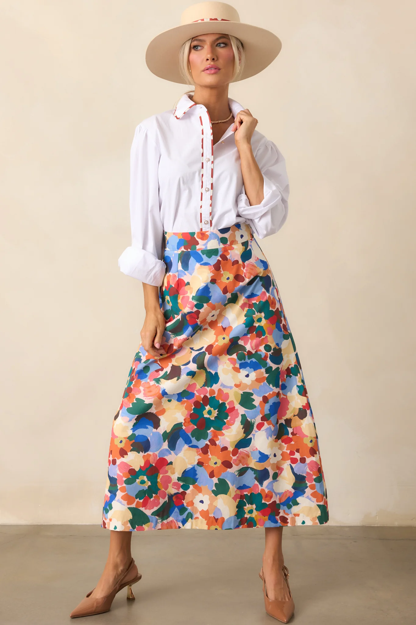 Orange Multi Floral Print Cotton Midi Skirt