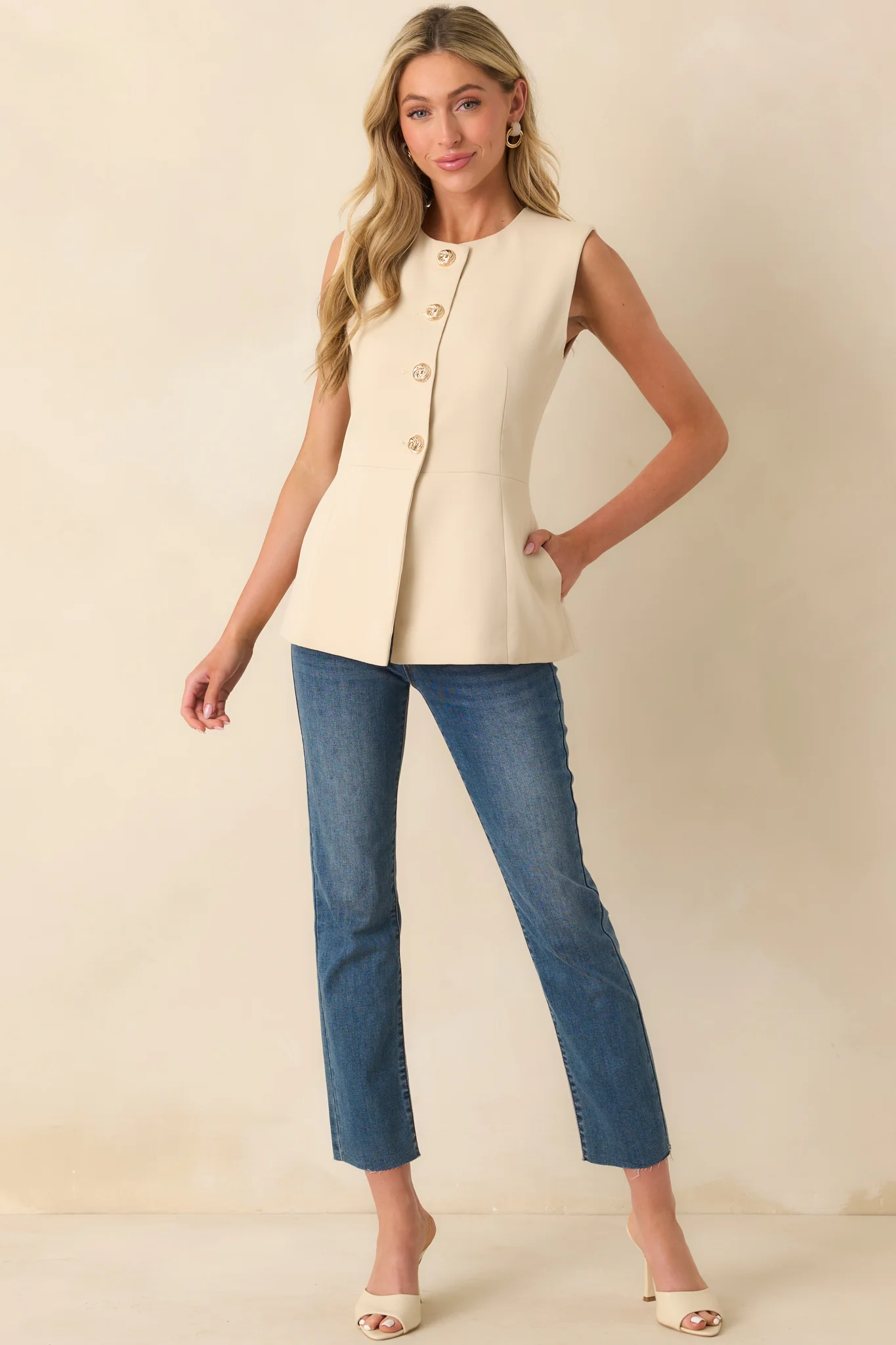 Like It's Nothing Ecru Beige Button Front Sleeveless Tailored Top