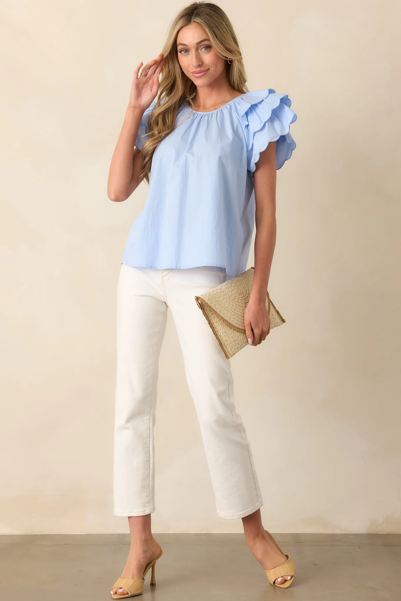 Bianca Blue Fog Cotton Embroidered Scallop Top