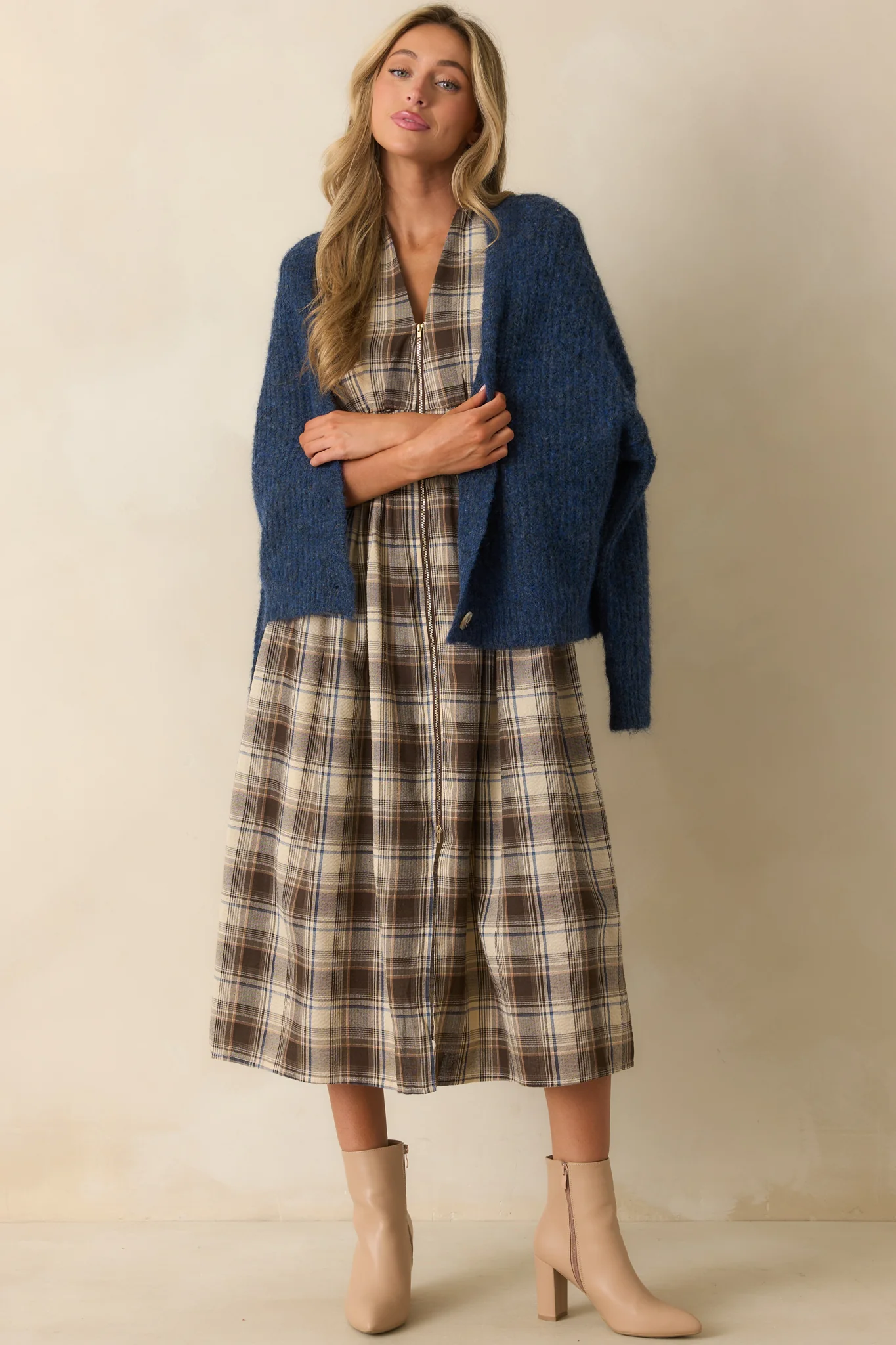 The Evette Mocha Brown Tartan Plaid Cotton Zip Front Midi Dress