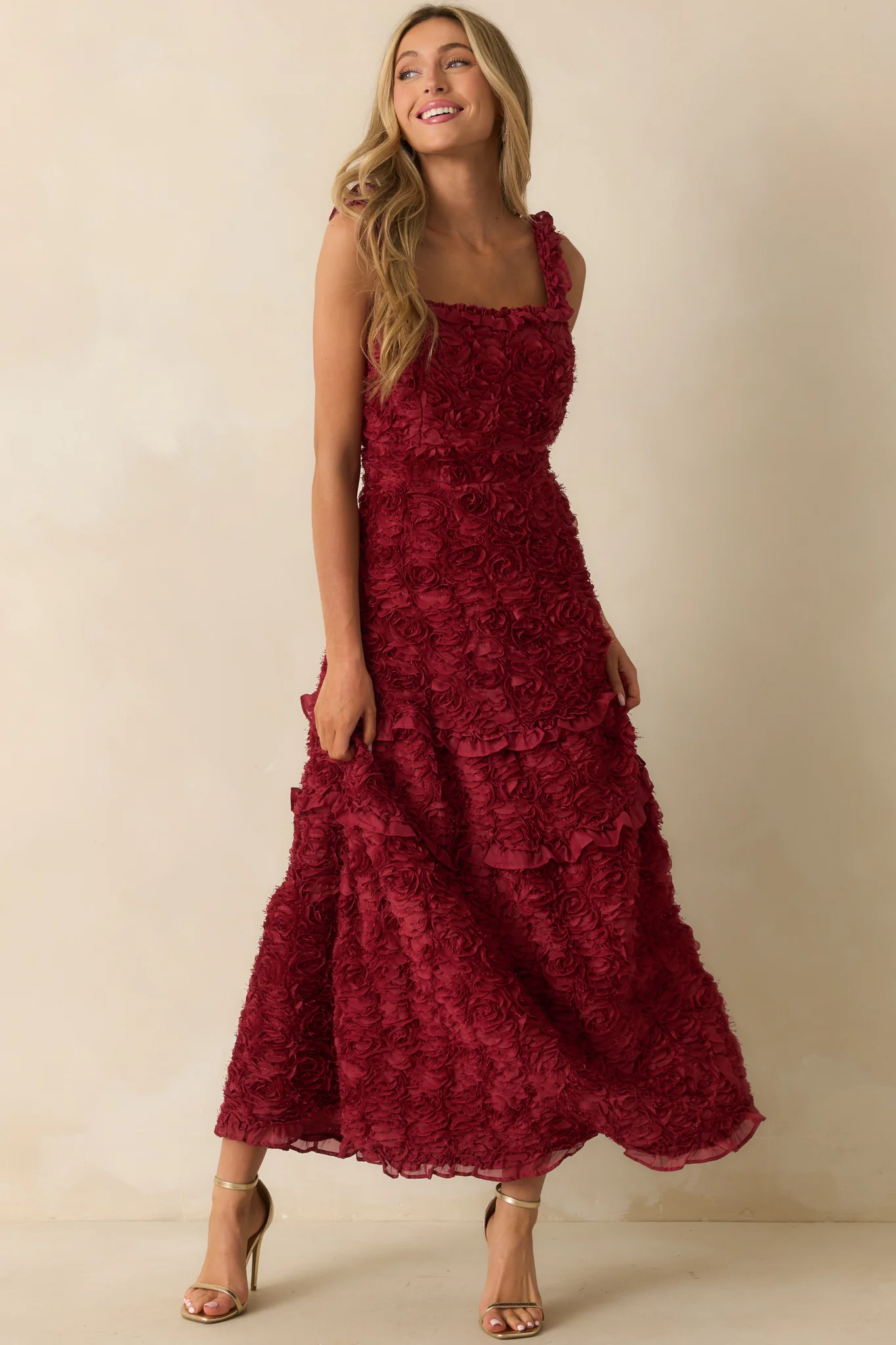 Wine Red Floral Applique Maxi Dress