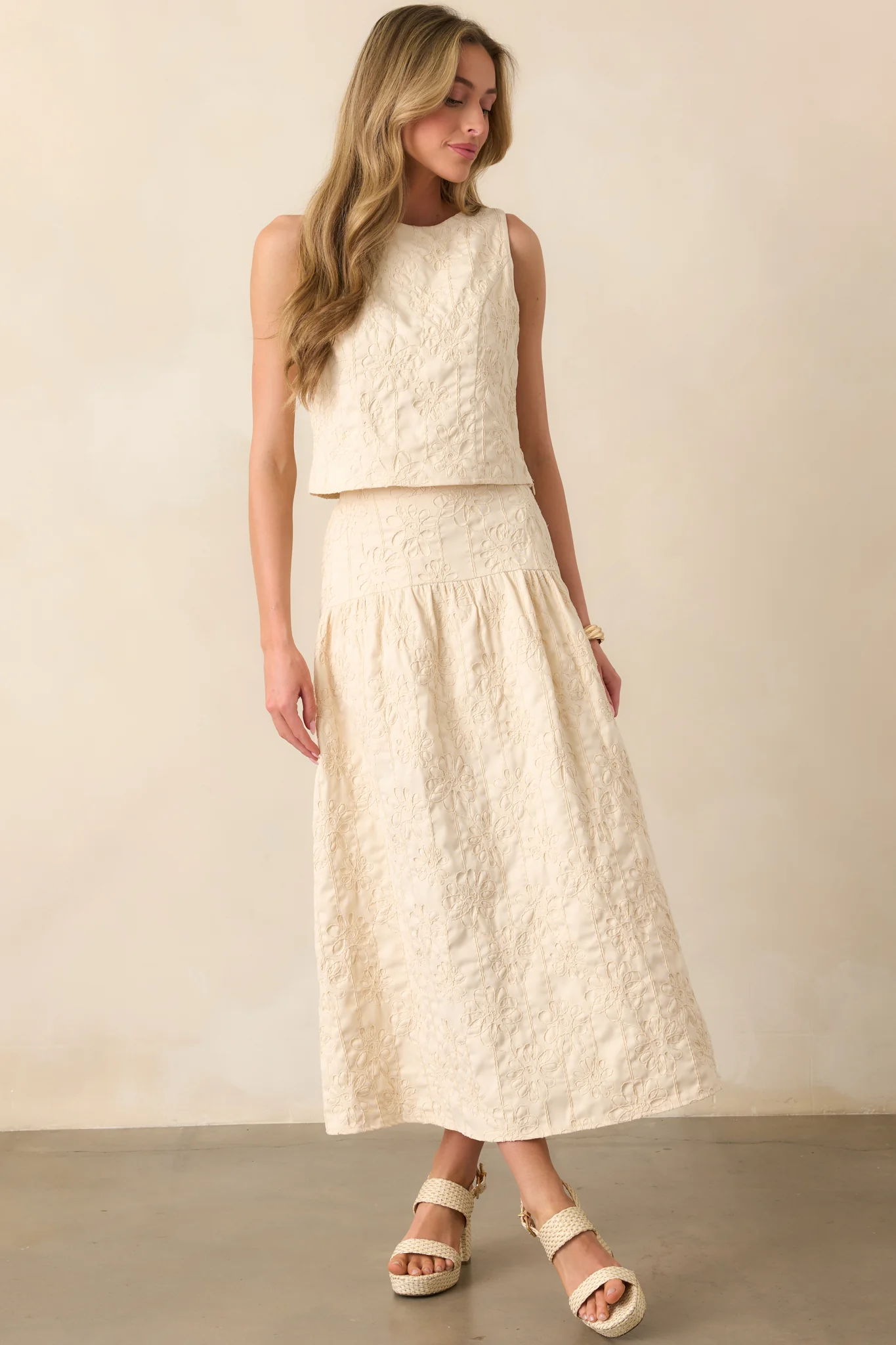 One For The Books Beige Floral Embroidered Top