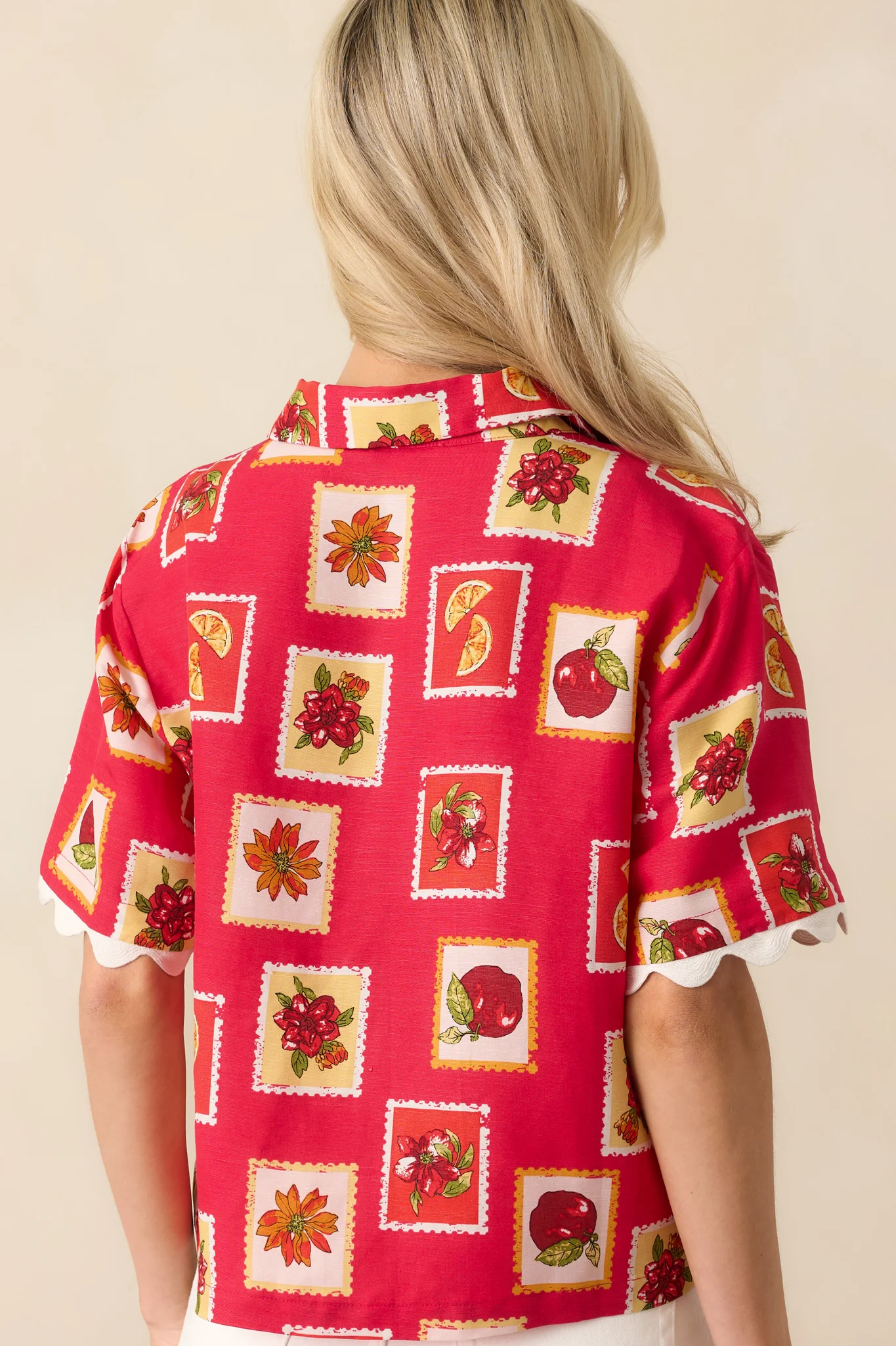 Peace Within Red Patchwork Print Linen Blend Button Front Top