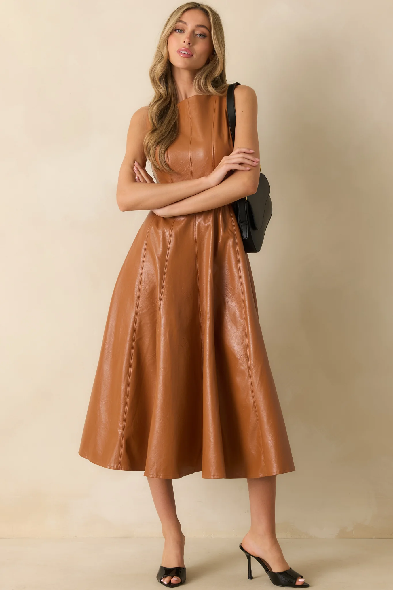 Caramel Brown Faux Leather Belted Maxi Dress
