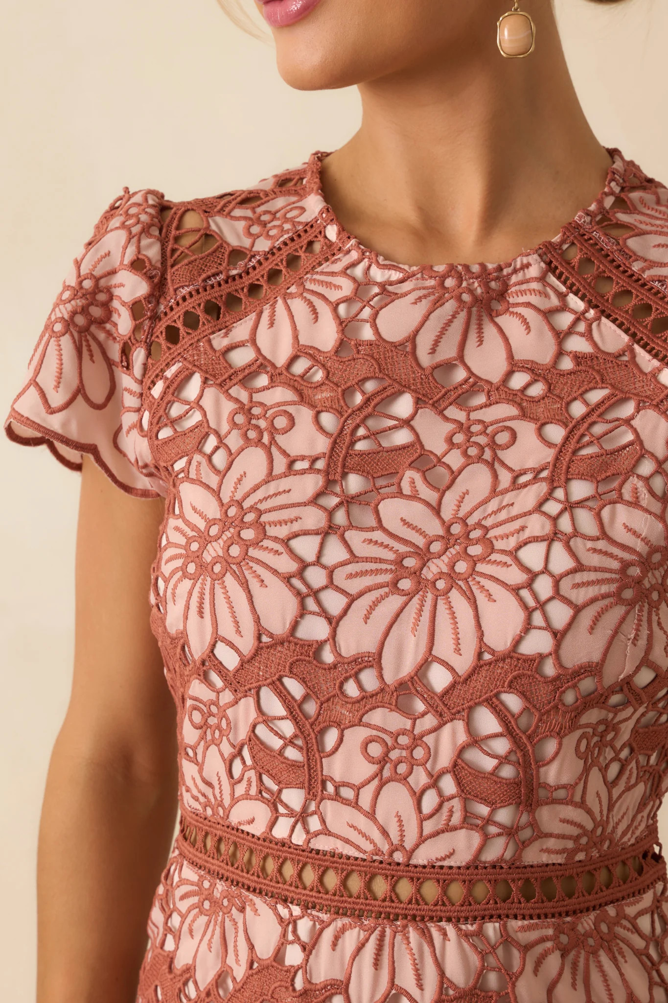 Can’t Miss This Terracotta Multi Floral Embroidered Lace Mini Dress
