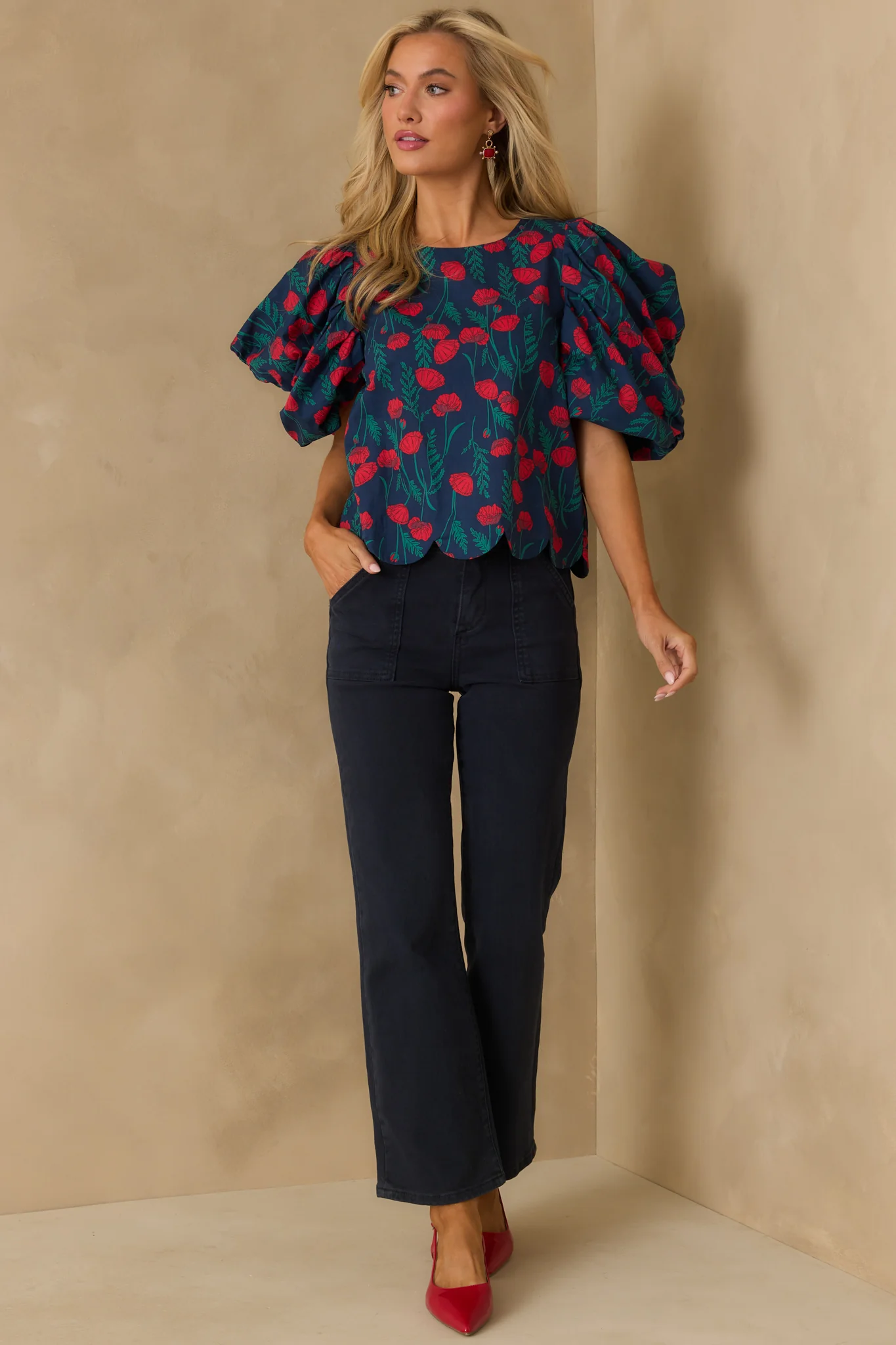 Let Her Be Herself Red Floral Print Cotton Puff Sleeve Top